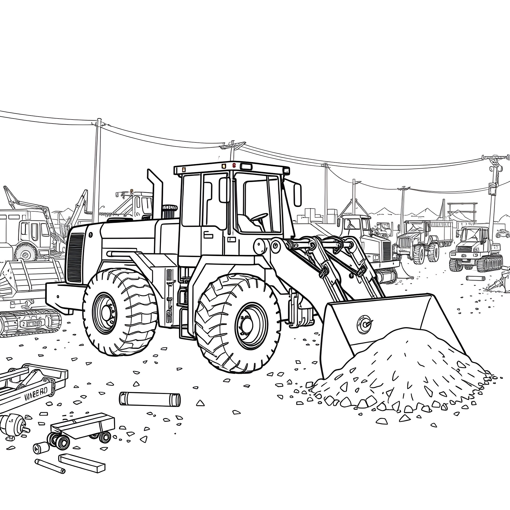 Knuckleboom Loader at a Construction Site Coloring Page (free black-and-white line drawing printable PDF for all, from beginners to advanced learners, including children, teens, adults, and seniors)