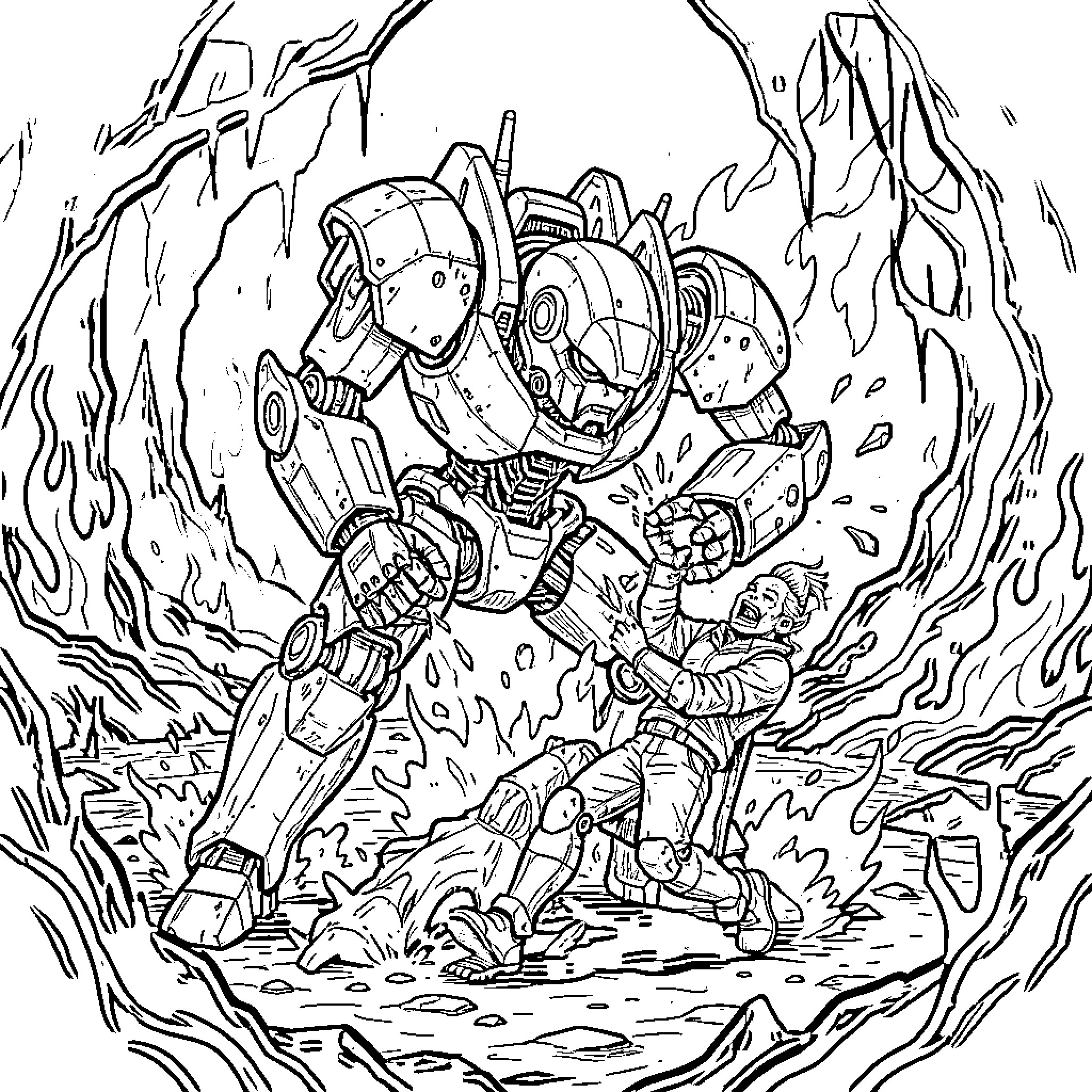 Mechdusa robot looming over a fallen warrior Coloring Page (free black-and-white line drawing printable PDF for all, from beginners to advanced learners, including children, teens, adults, and seniors)