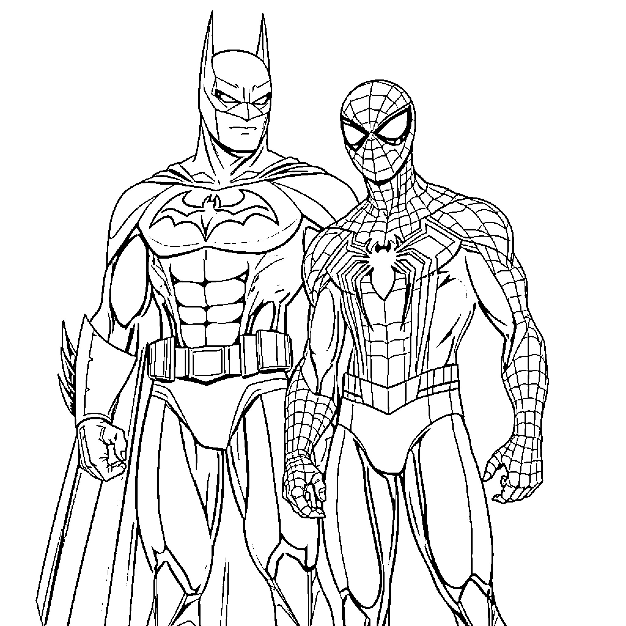 Superhero duo in action-packed pose Coloring Page (free black-and-white line drawing printable PDF for all, from beginners to advanced learners, including children, teens, adults, and seniors)