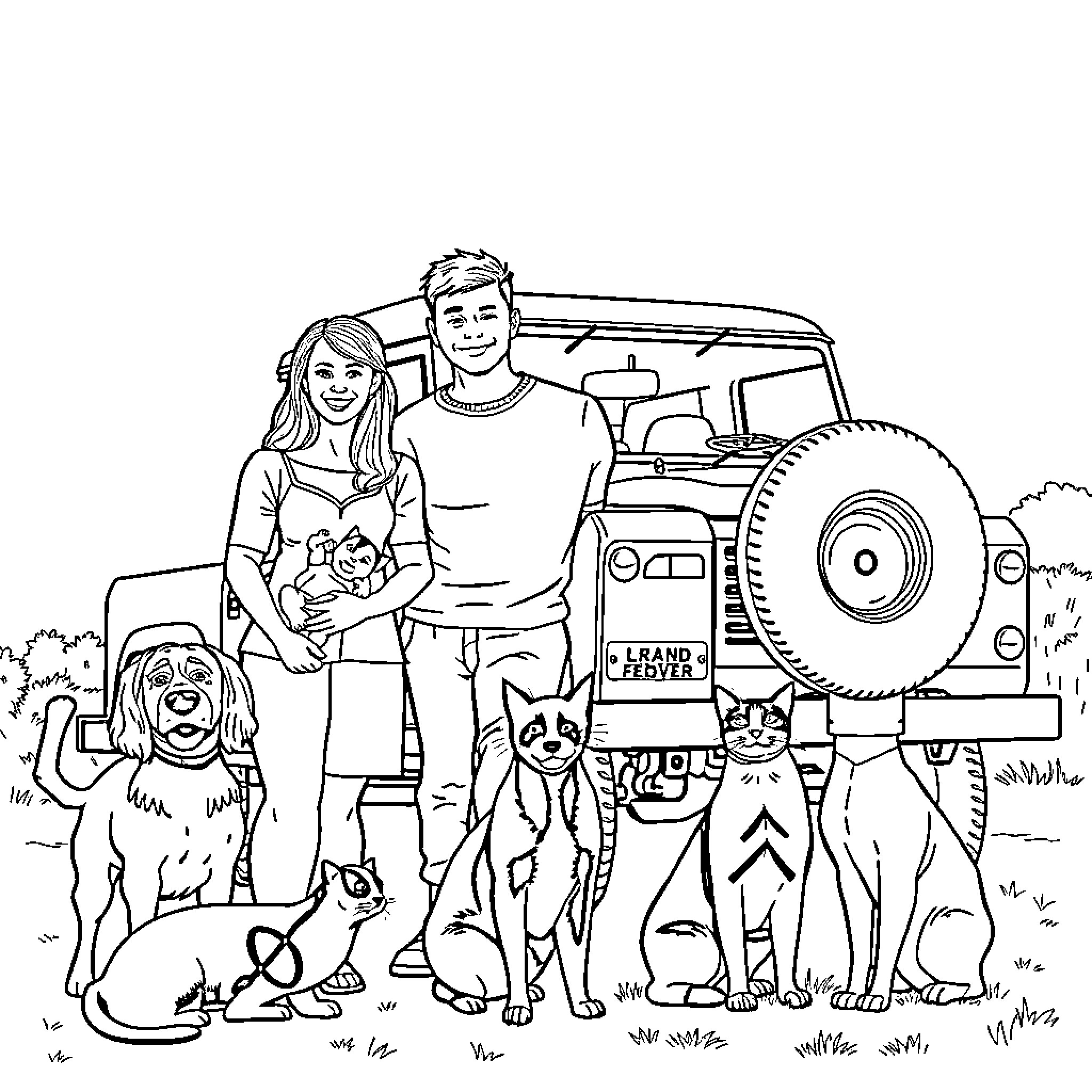 Family enjoying outdoors with pets and vehicle Coloring Page (free black-and-white line drawing printable PDF for all, from beginners to advanced learners, including children, teens, adults, and seniors)