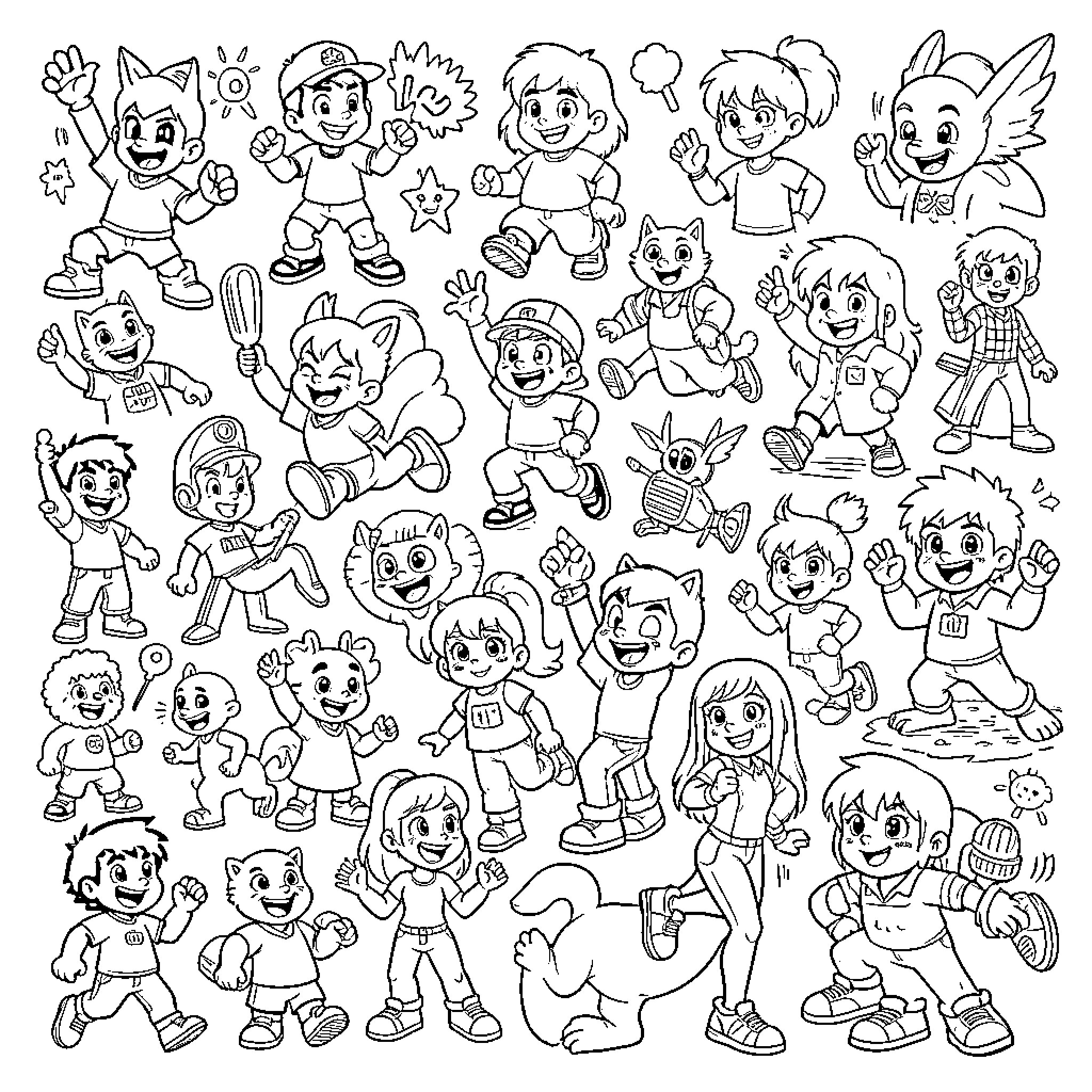 Cartoon characters in various poses and expressions Coloring Page (free black-and-white line drawing printable PDF for all, from beginners to advanced learners, including children, teens, adults, and seniors)