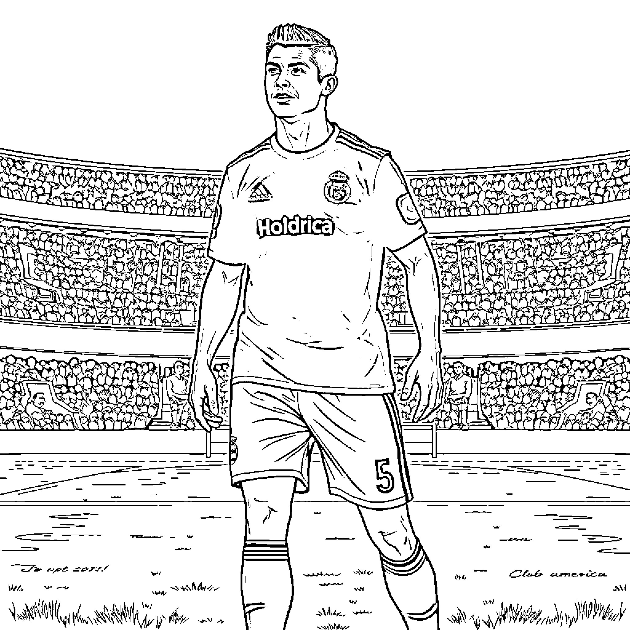 Cristiano Ronaldo in action on the football field Coloring Page (free black-and-white line drawing printable PDF for all, from beginners to advanced learners, including children, teens, adults, and seniors)