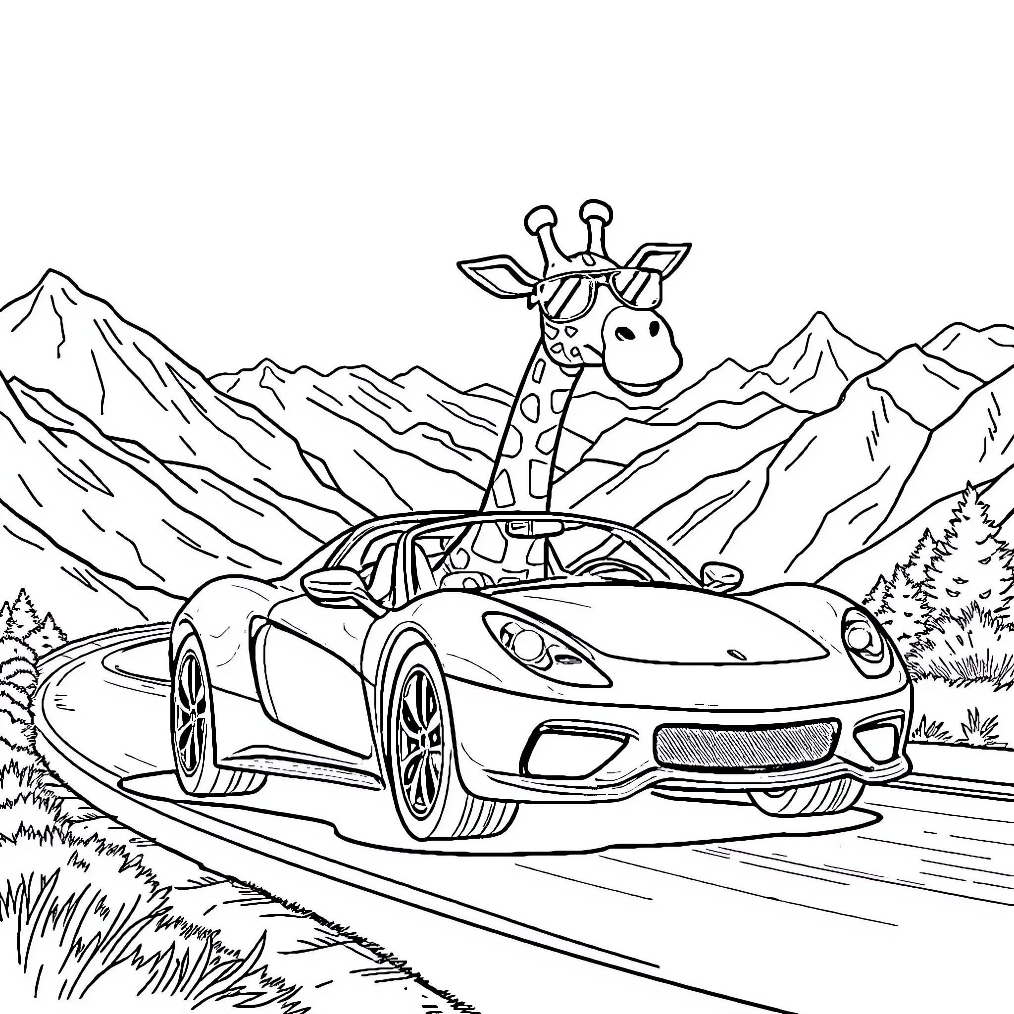 Giraffe enjoying a scenic road trip in a sports car Coloring Page (free black-and-white line drawing printable PDF for all, from beginners to advanced learners, including children, teens, adults, and seniors)
