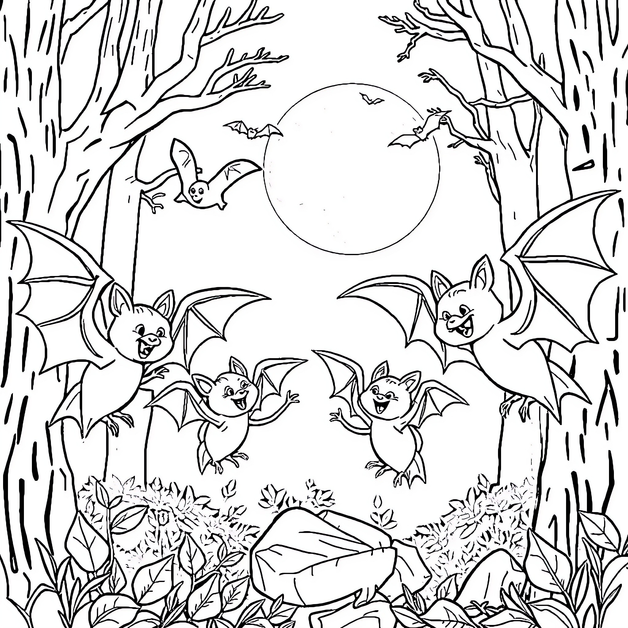 Bats flying in a spooky forest at night Coloring Page (free black-and-white line drawing printable PDF for all, from beginners to advanced learners, including children, teens, adults, and seniors)