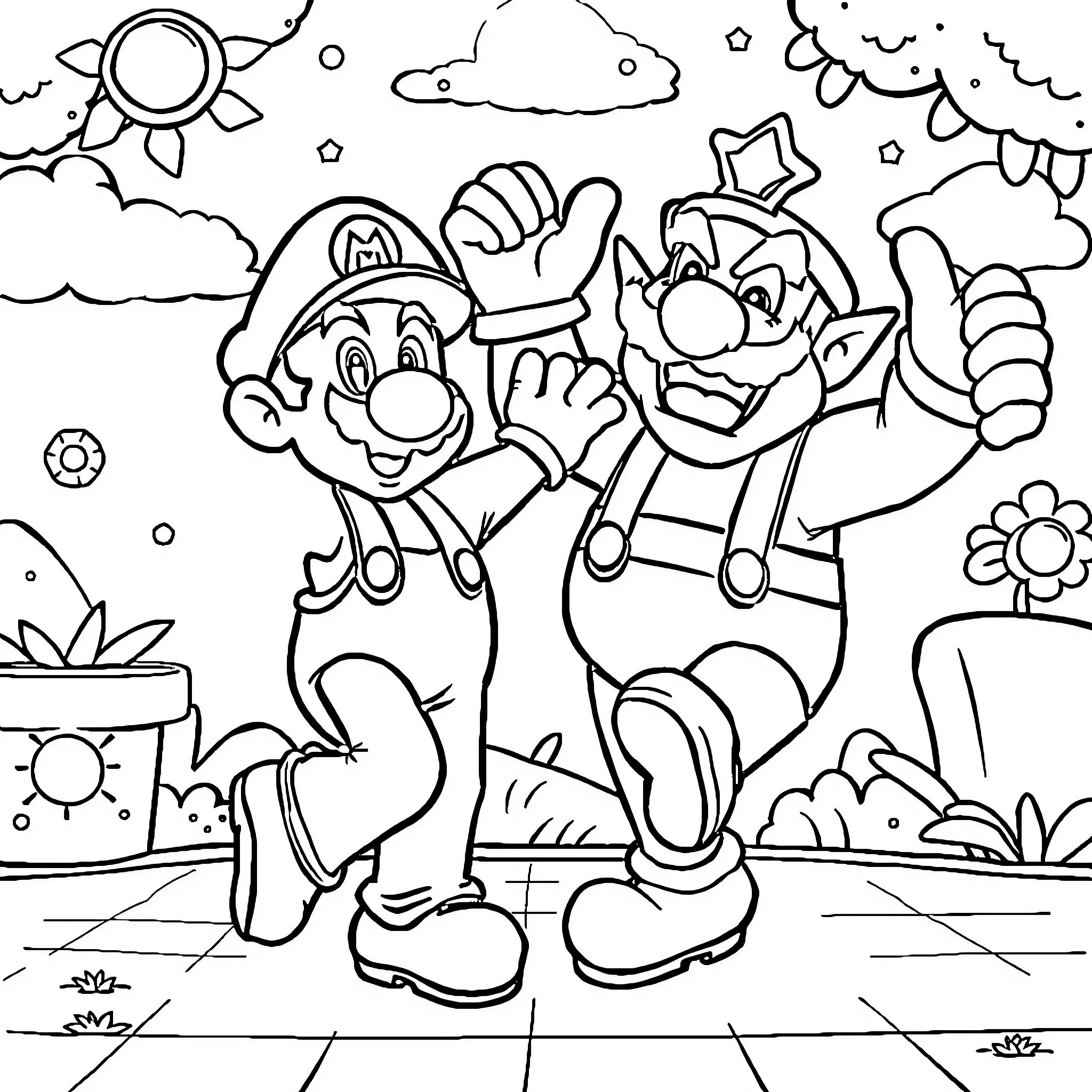Mario and Luigi's Playful Adventure Coloring Page (free black-and-white line drawing printable PDF for all, from beginners to advanced learners, including children, teens, adults, and seniors)
