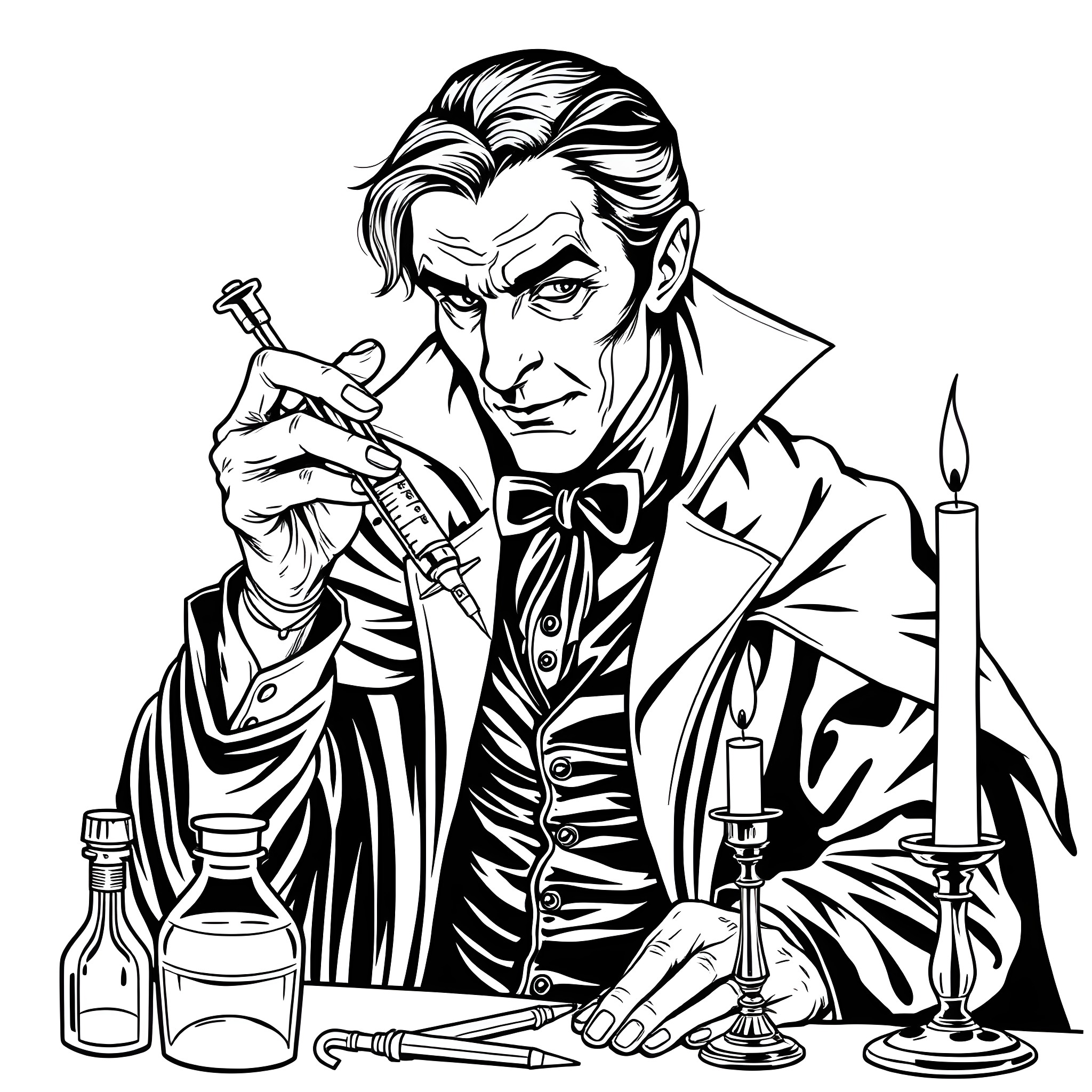 Vampire gentleman with candle and wine Coloring Page (free black-and-white line drawing printable PDF for all, from beginners to advanced learners, including children, teens, adults, and seniors)