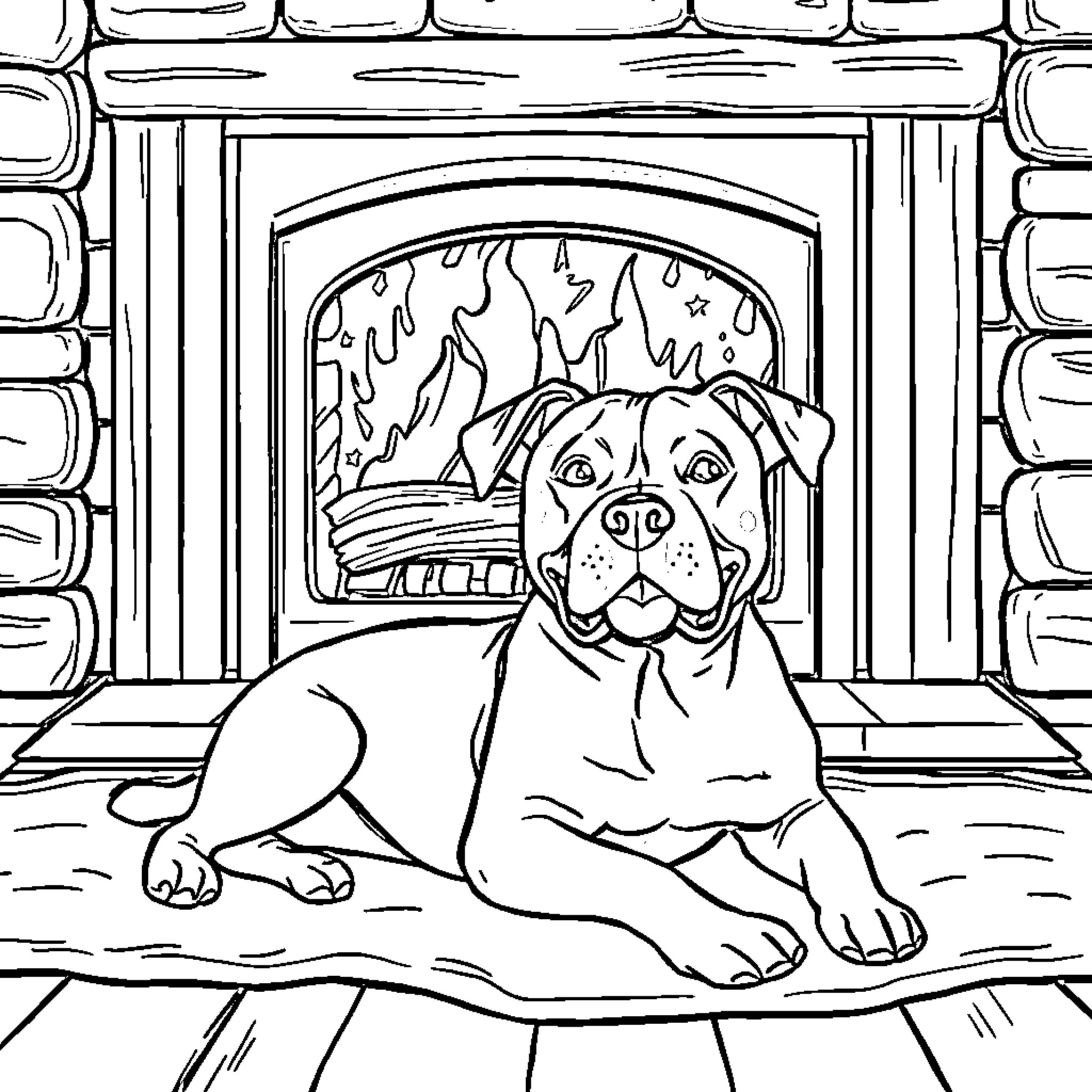 Pitbull resting peacefully by the fireplace Coloring Page (free black-and-white line drawing printable PDF for all, from beginners to advanced learners, including children, teens, adults, and seniors)