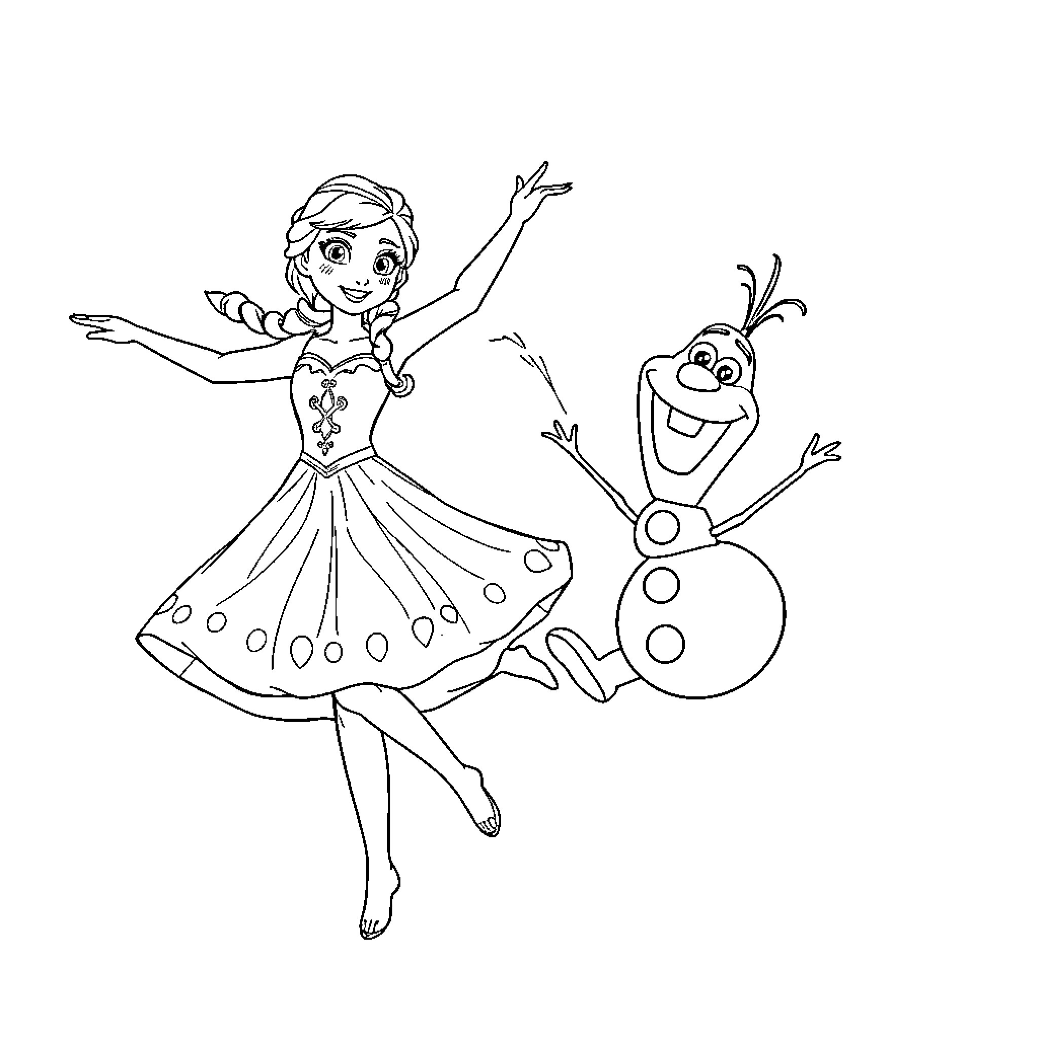 Anna dancing joyfully with Olaf the snowman Coloring Page (free black-and-white line drawing printable PDF for all, from beginners to advanced learners, including children, teens, adults, and seniors)