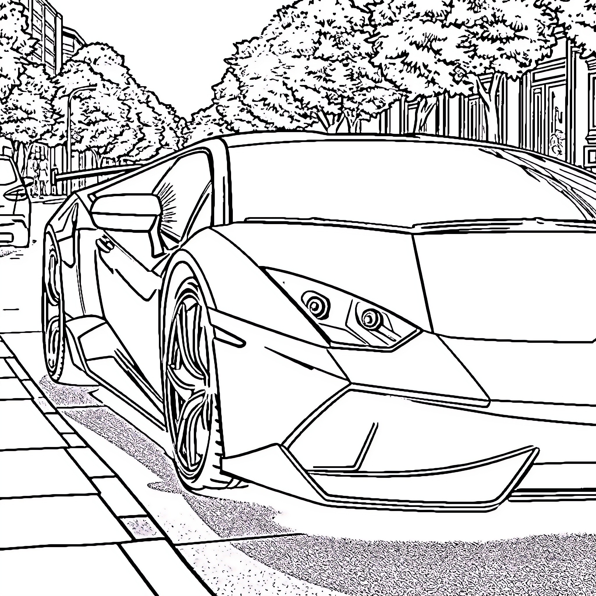Lamborghini luxury sports car on city street Coloring Page (free black-and-white line drawing printable PDF for all, from beginners to advanced learners, including children, teens, adults, and seniors)