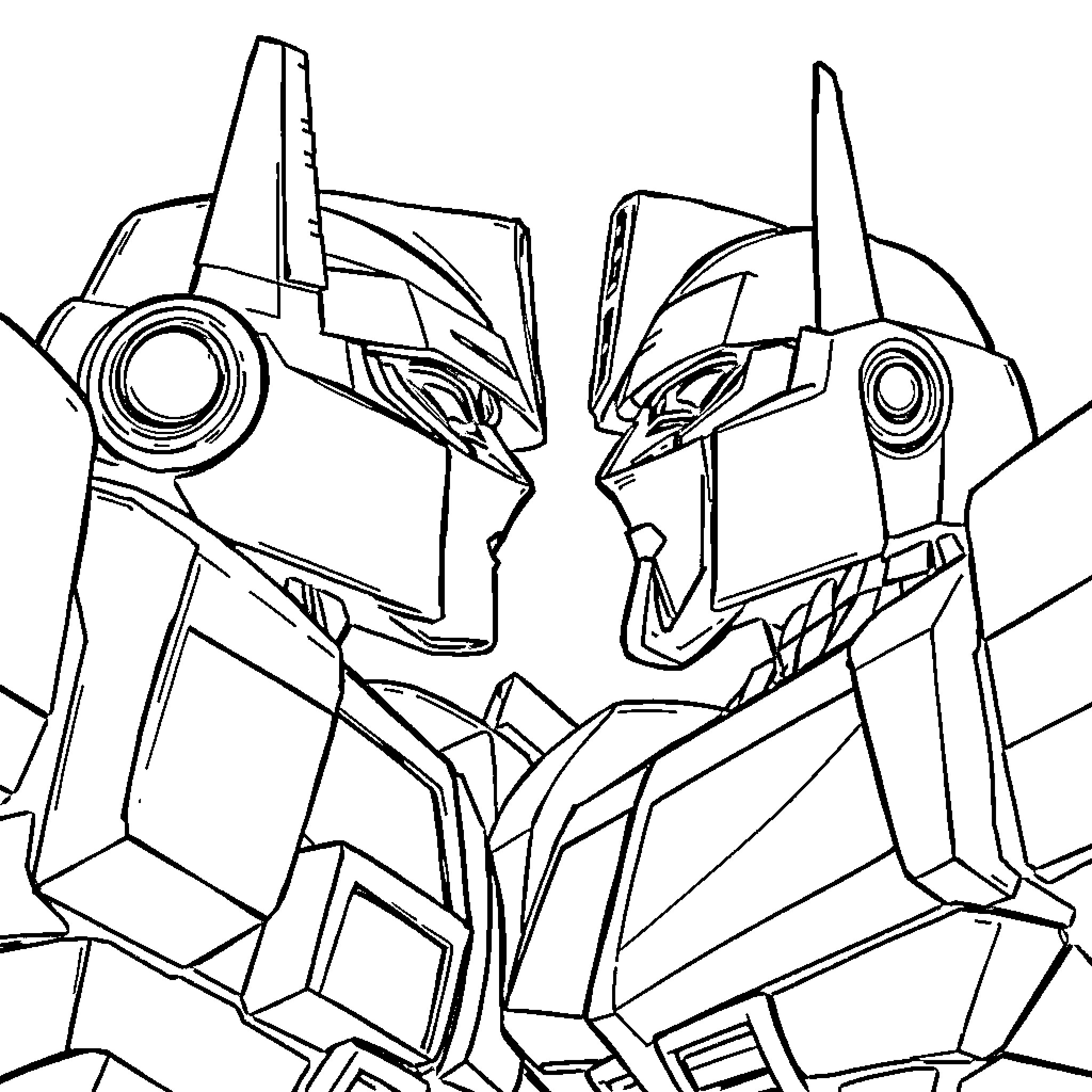 Optimus Prime robotic confrontation Coloring Page (free black-and-white line drawing printable PDF for all, from beginners to advanced learners, including children, teens, adults, and seniors)