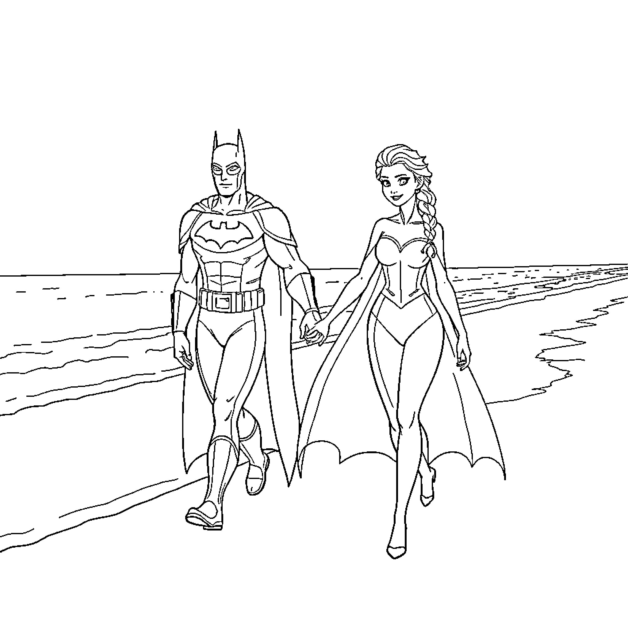 Elsa and Batman strolling along the beach Coloring Page (free black-and-white line drawing printable PDF for all, from beginners to advanced learners, including children, teens, adults, and seniors)