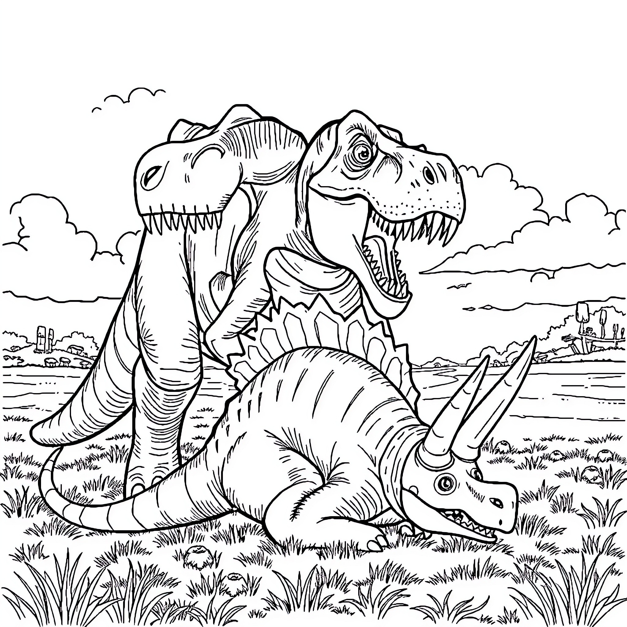 T-Rex Roaring and Stomping on Triceratops in Prehistoric Landscape Coloring Page (free black-and-white line drawing printable PDF for all, from beginners to advanced learners, including children, teens, adults, and seniors)