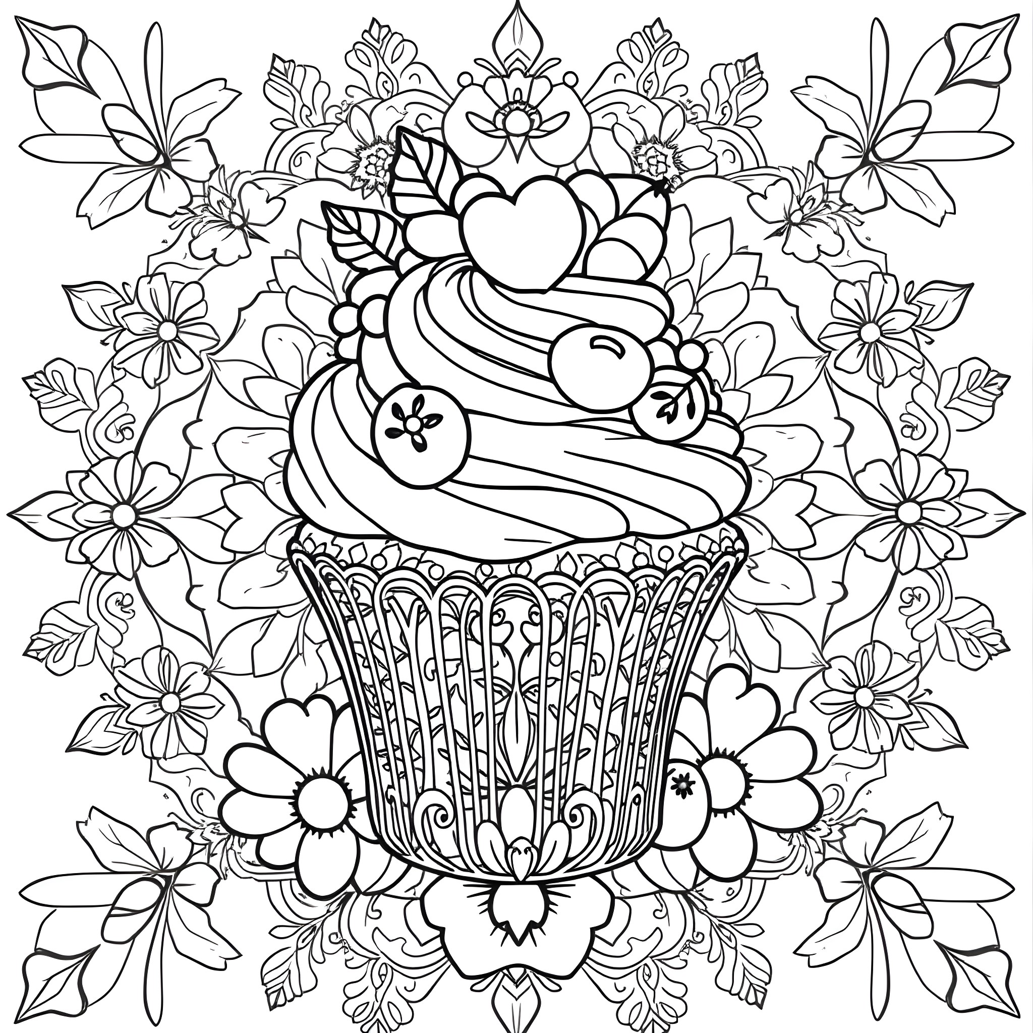 Cupcake Surrounded by Intricate Floral Design Coloring Page (free black-and-white line drawing printable PDF for all, from beginners to advanced learners, including children, teens, adults, and seniors)