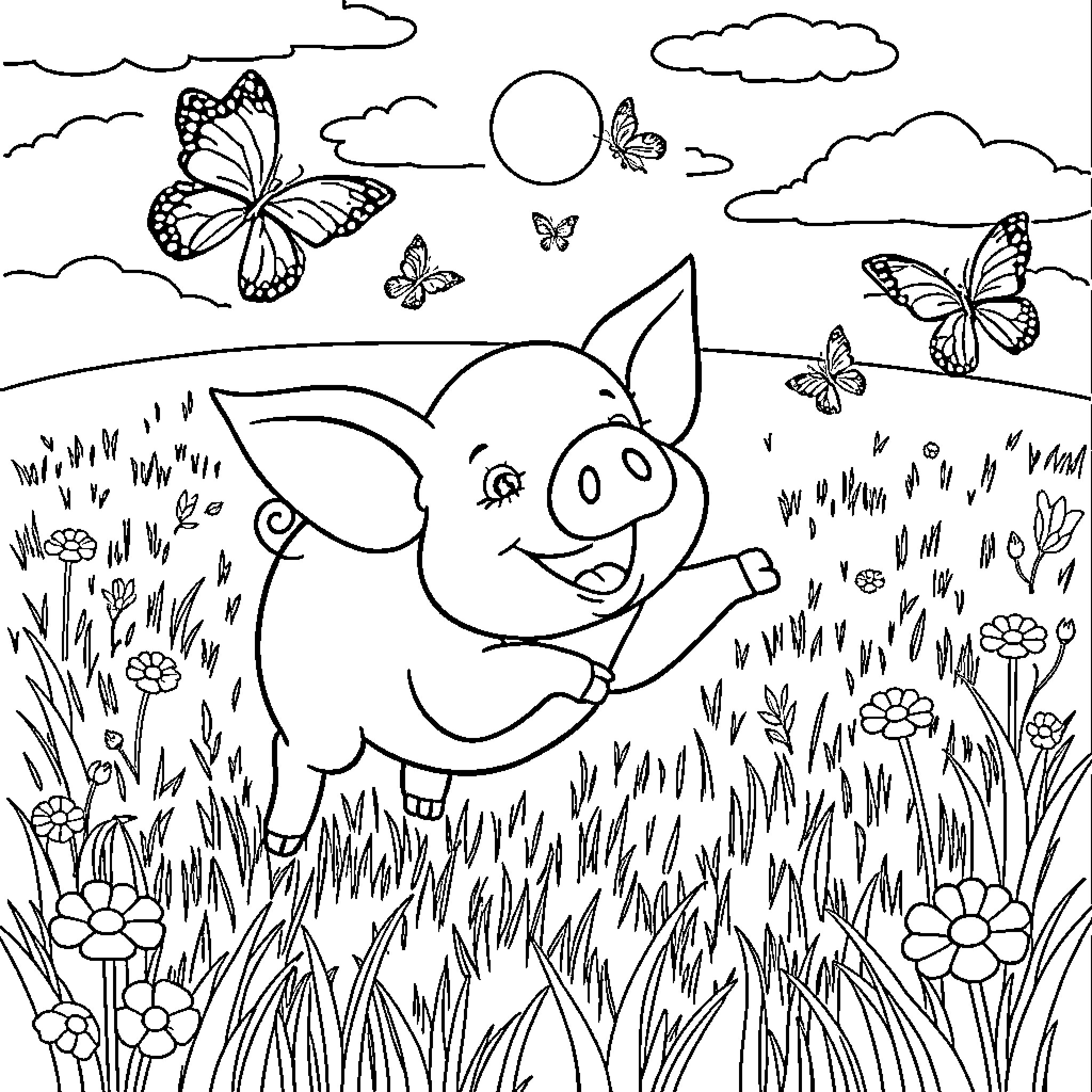 Pig playing in a meadow with butterflies Coloring Page (free black-and-white line drawing printable PDF for all, from beginners to advanced learners, including children, teens, adults, and seniors)