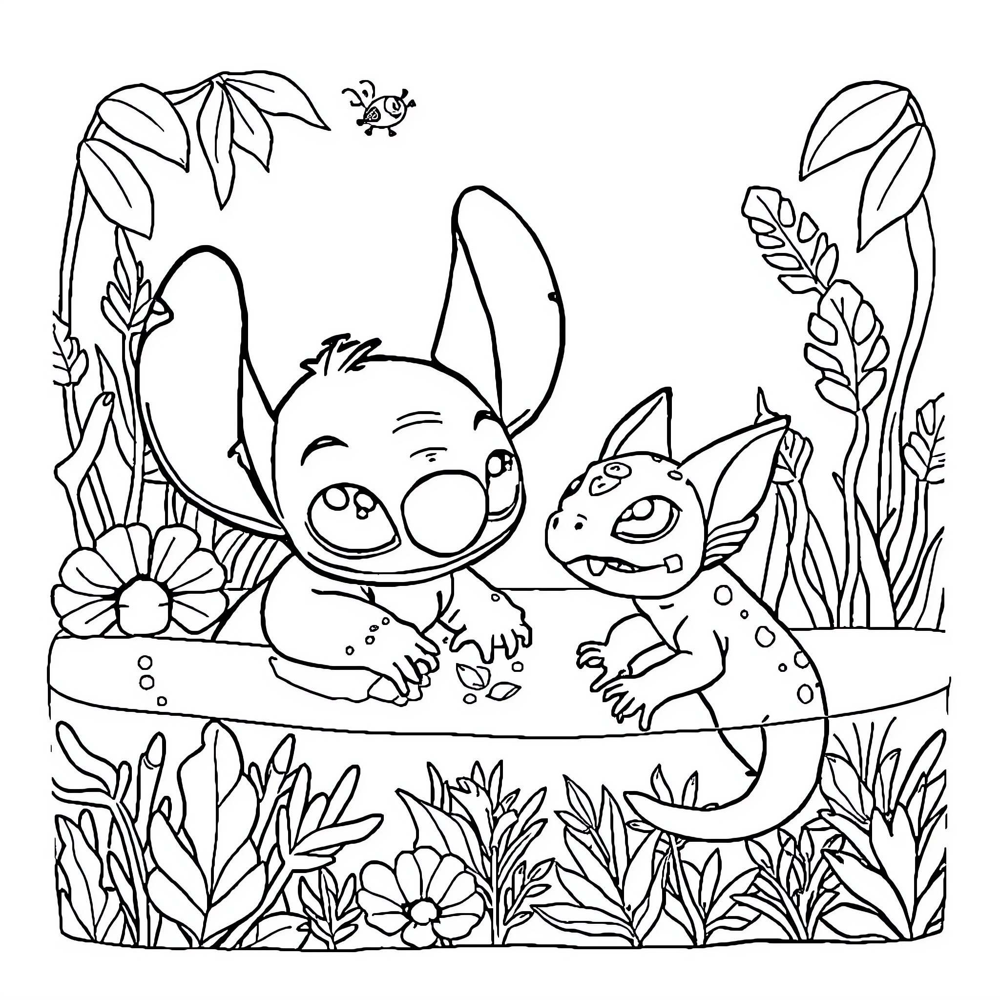 Stitch and Scrump enjoying a playful nature scene Coloring Page (free black-and-white line drawing printable PDF for all, from beginners to advanced learners, including children, teens, adults, and seniors)
