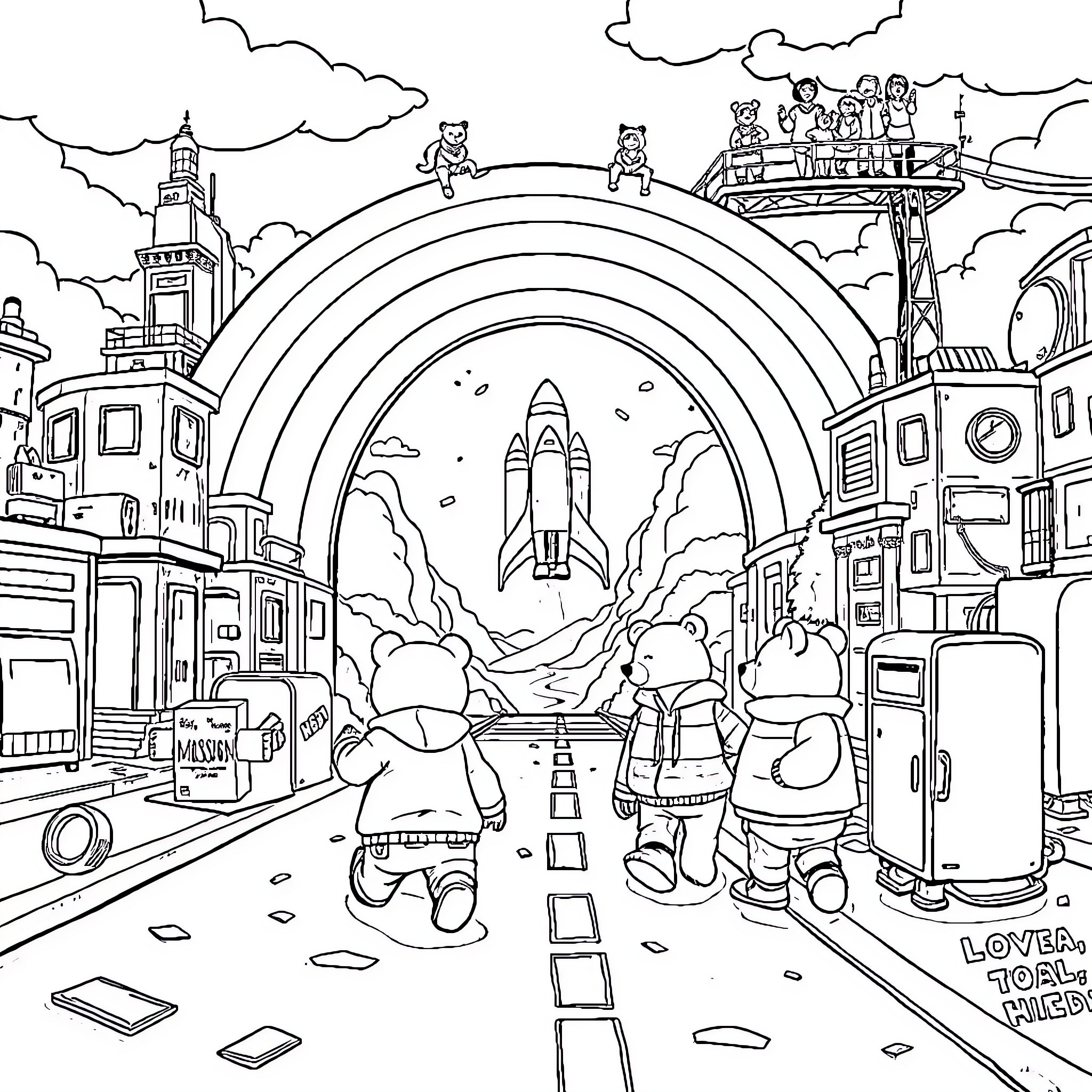 Bears exploring a futuristic city with a rocket launch Coloring Page (free black-and-white line drawing printable PDF for all, from beginners to advanced learners, including children, teens, adults, and seniors)