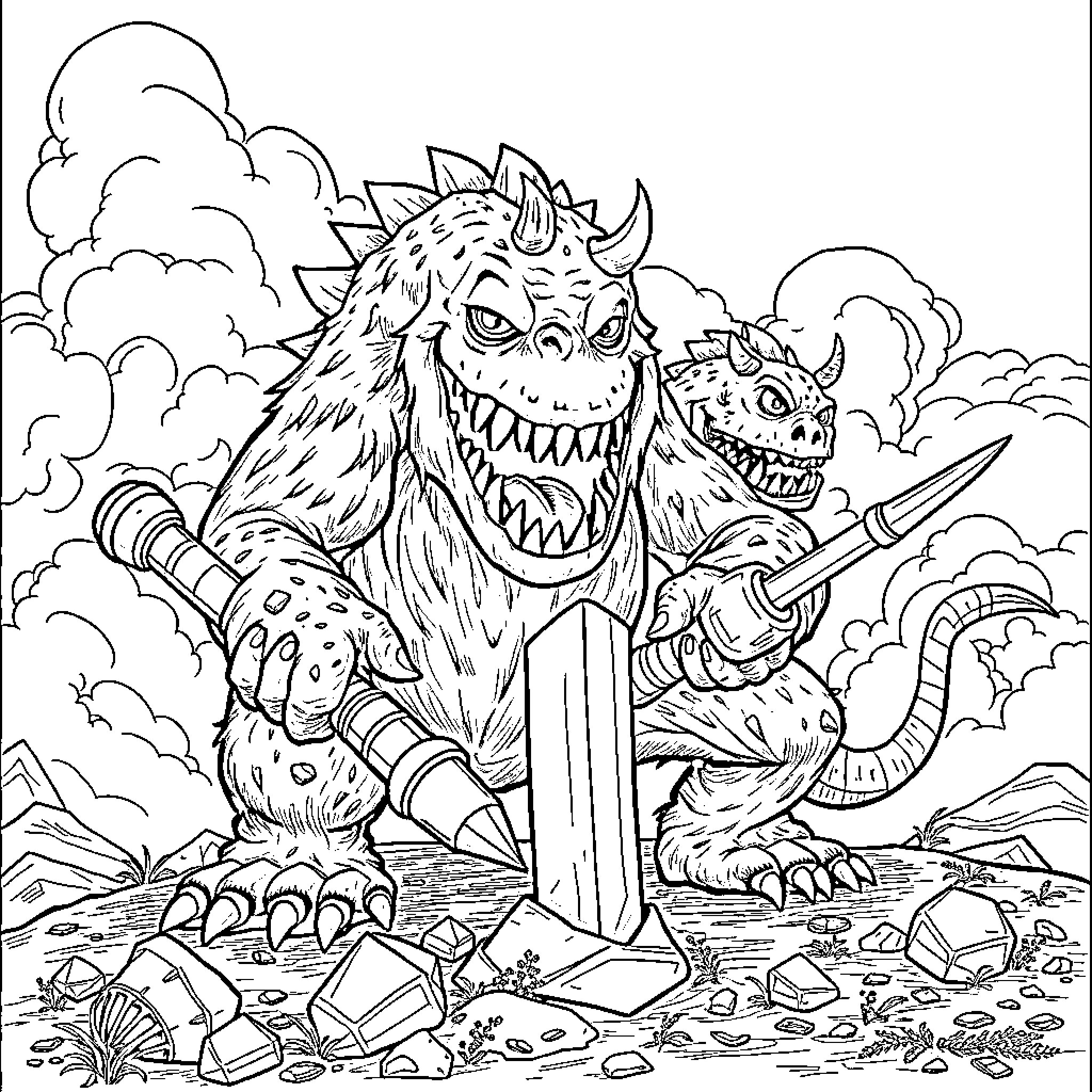 Monster Rampaging Through Ruins and Debris Coloring Page (free black-and-white line drawing printable PDF for all, from beginners to advanced learners, including children, teens, adults, and seniors)