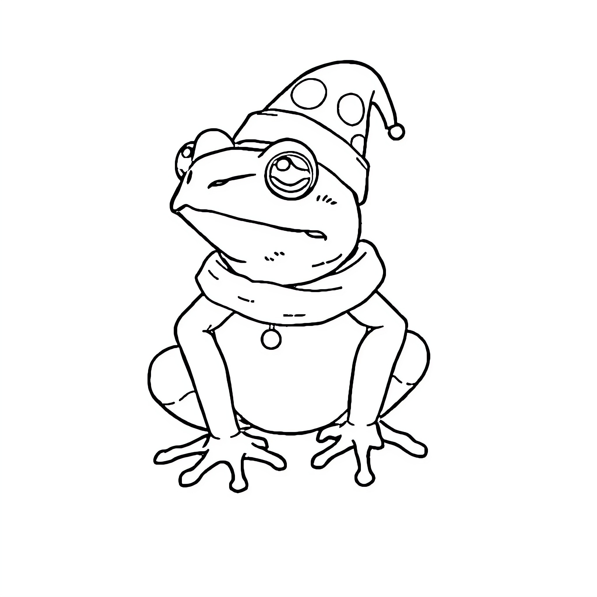 Toad wearing a silly hat and scarf Coloring Page (free black-and-white line drawing printable PDF for all, from beginners to advanced learners, including children, teens, adults, and seniors)