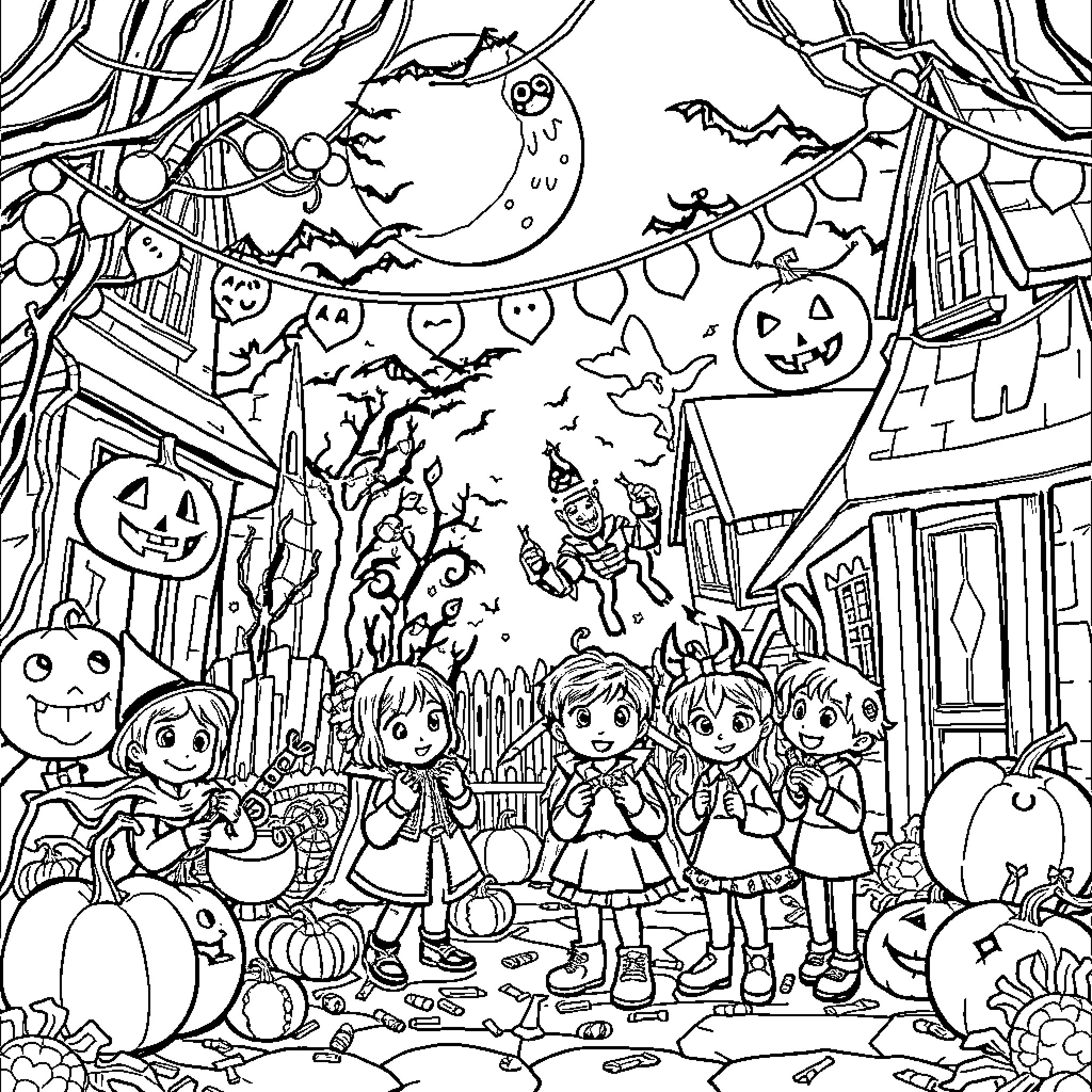 Halloween Trick-or-Treating in the Neighborhood Coloring Page (free black-and-white line drawing printable PDF for all, from beginners to advanced learners, including children, teens, adults, and seniors)