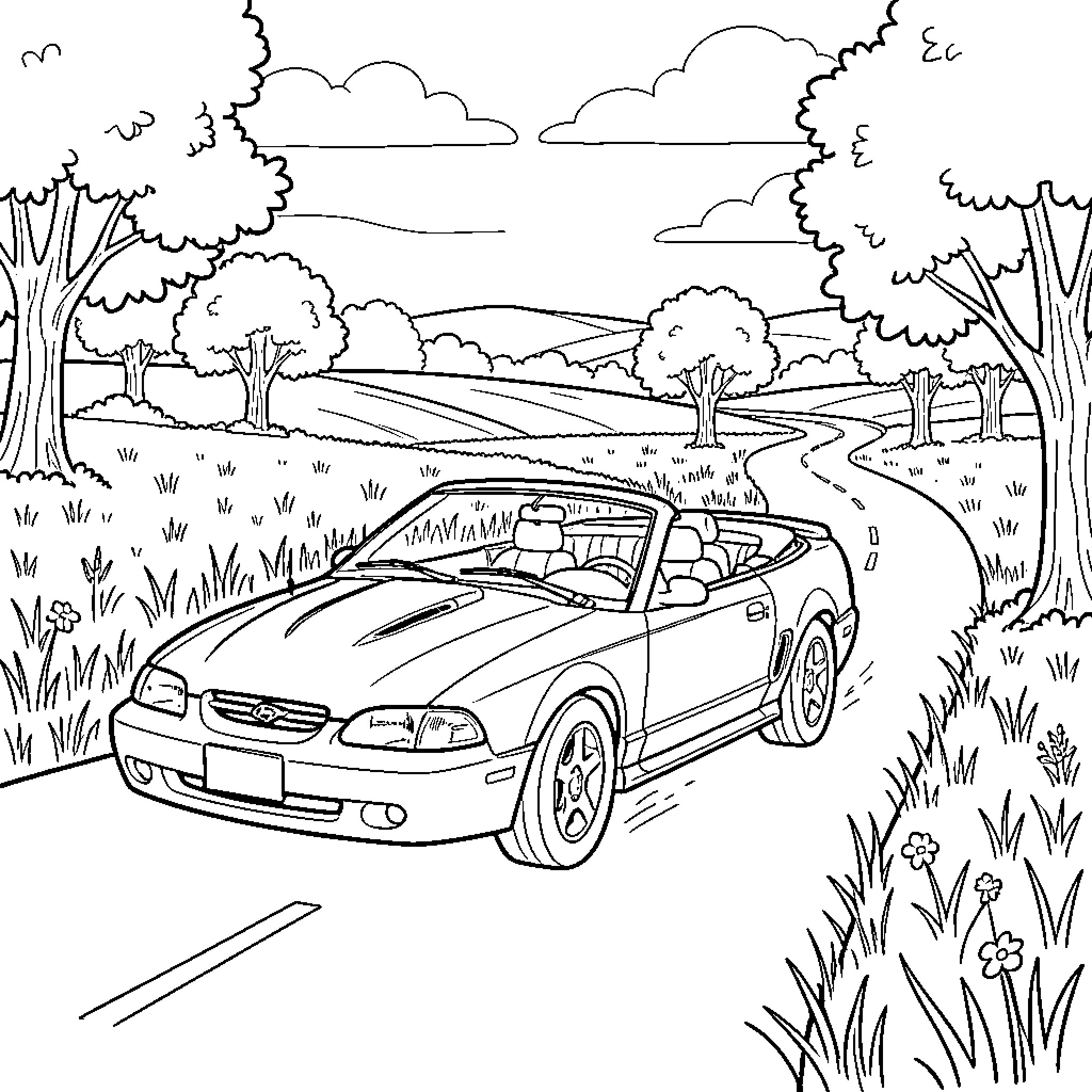 Ford Mustang driving along a scenic countryside road Coloring Page (free black-and-white line drawing printable PDF for all, from beginners to advanced learners, including children, teens, adults, and seniors)