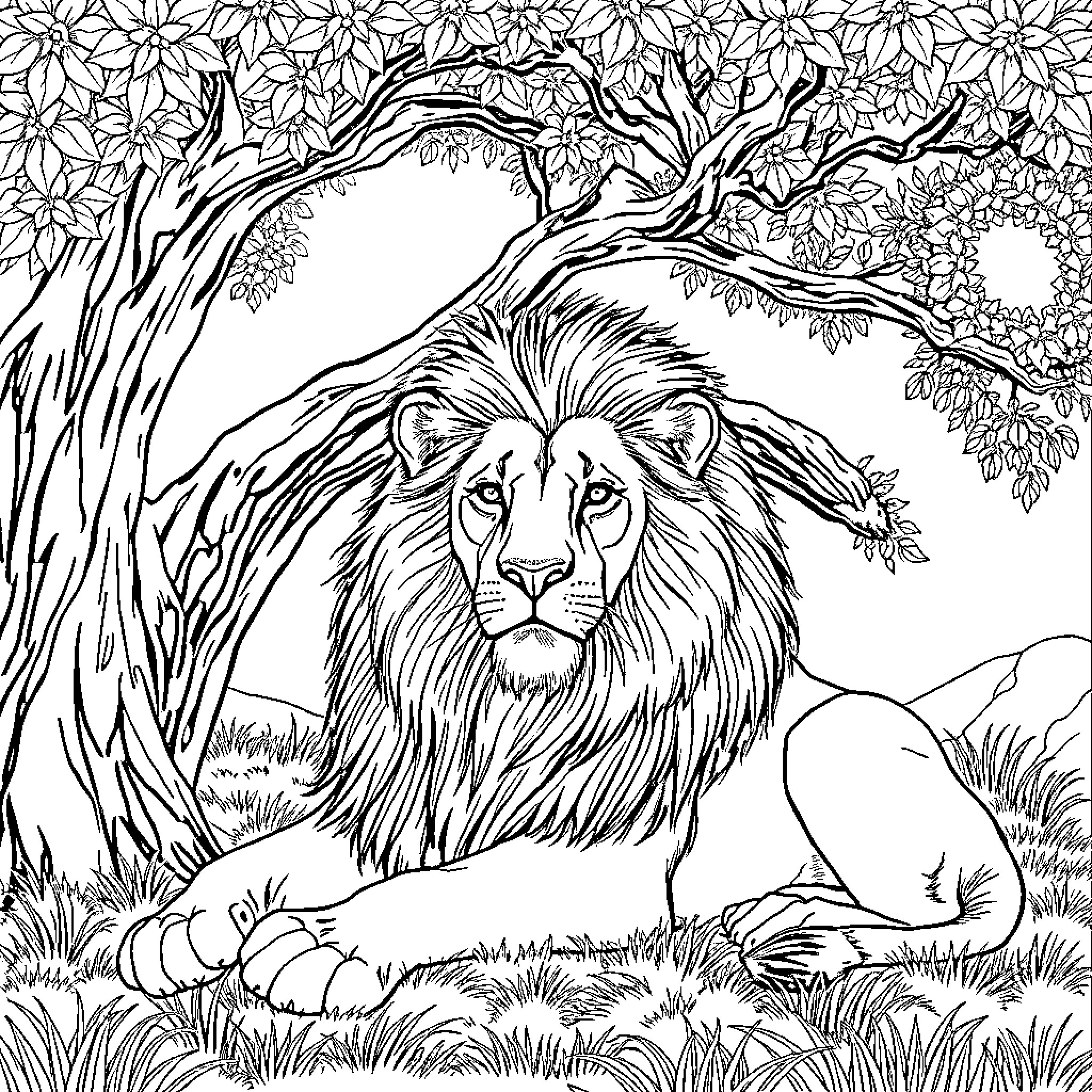 Lion resting peacefully in the lush forest Coloring Page (free black-and-white line drawing printable PDF for all, from beginners to advanced learners, including children, teens, adults, and seniors)