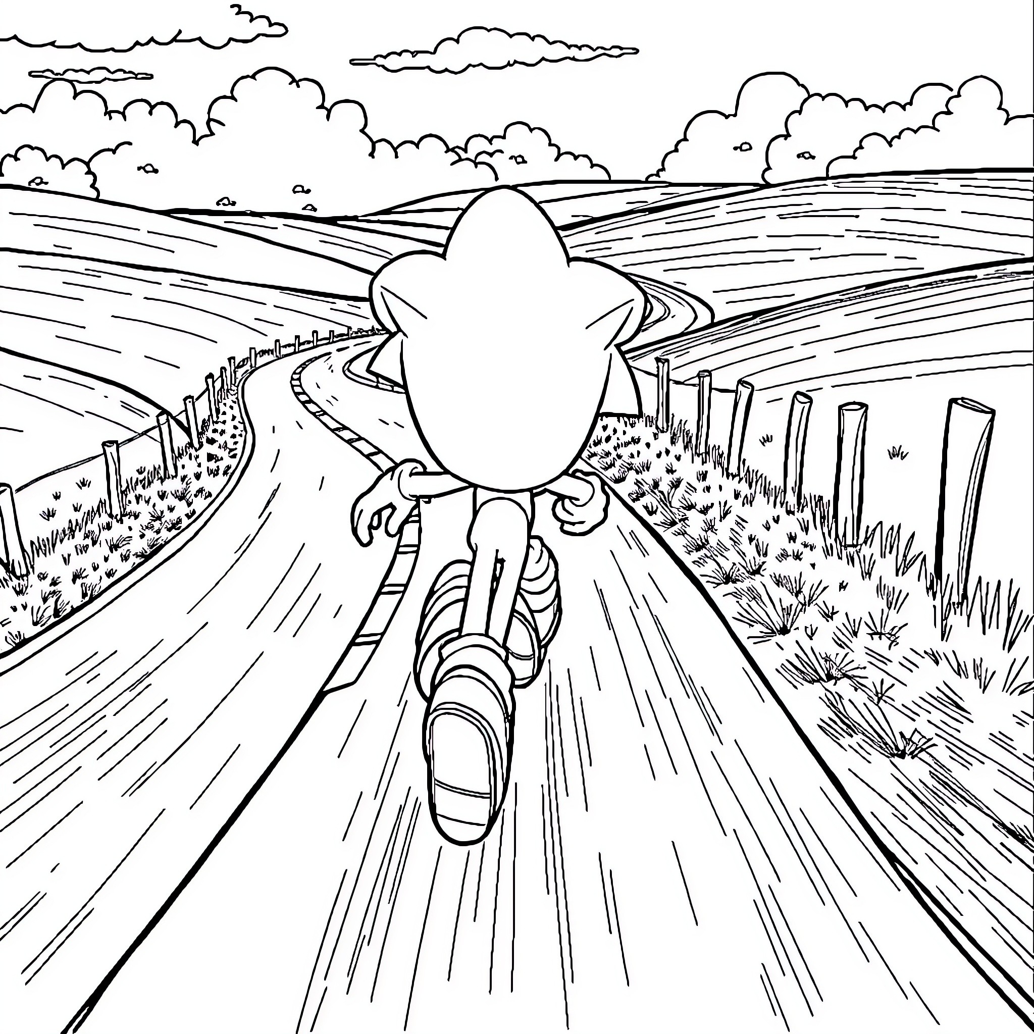 Sonic speeding through the countryside Coloring Page (free black-and-white line drawing printable PDF for all, from beginners to advanced learners, including children, teens, adults, and seniors)