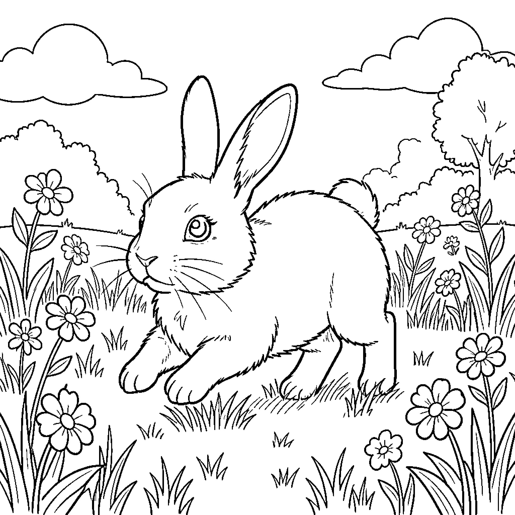 Bunny hopping happily in a floral garden Coloring Page (free black-and-white line drawing printable PDF for all, from beginners to advanced learners, including children, teens, adults, and seniors)