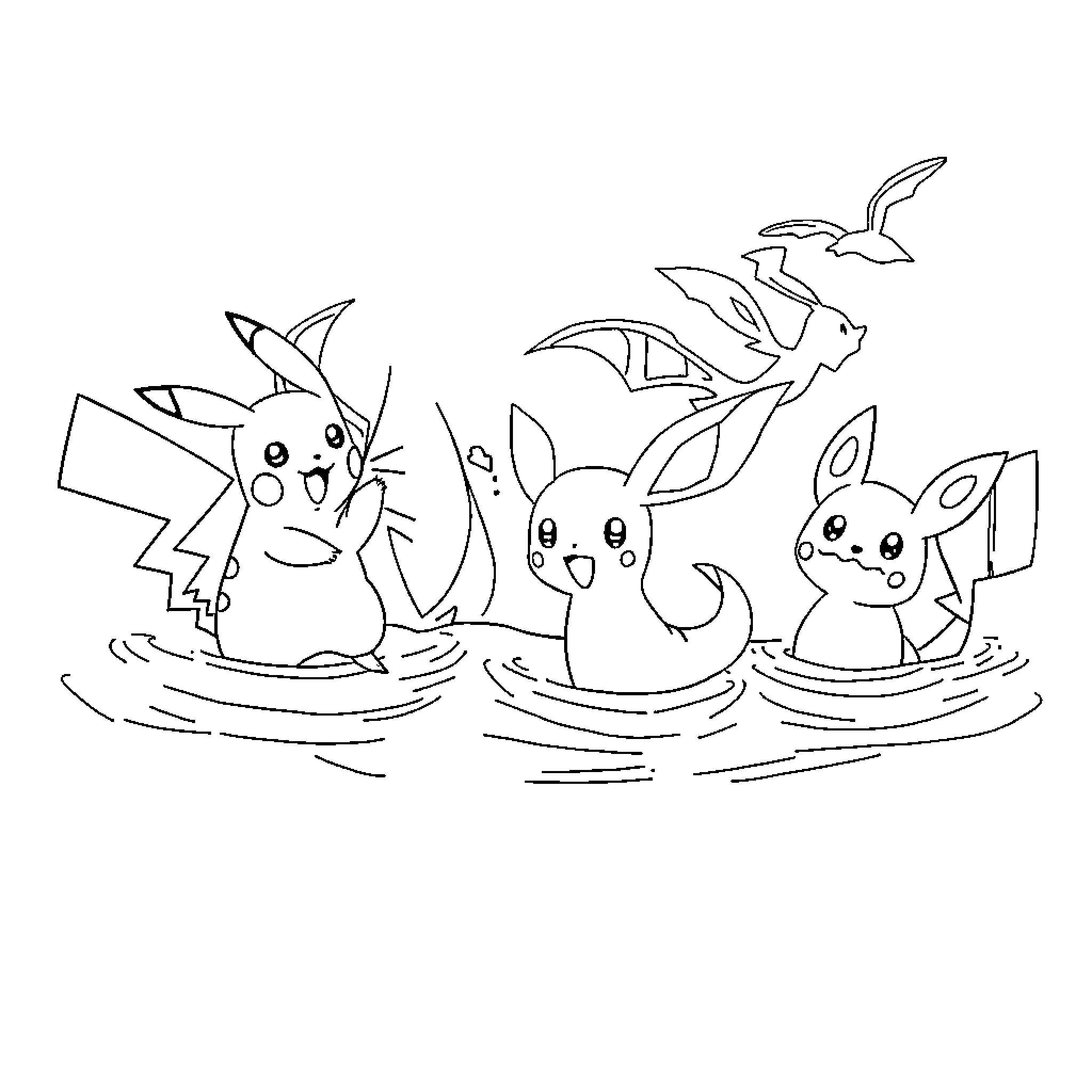 Pikachu and friends playing in the water Coloring Page (free black-and-white line drawing printable PDF for all, from beginners to advanced learners, including children, teens, adults, and seniors)