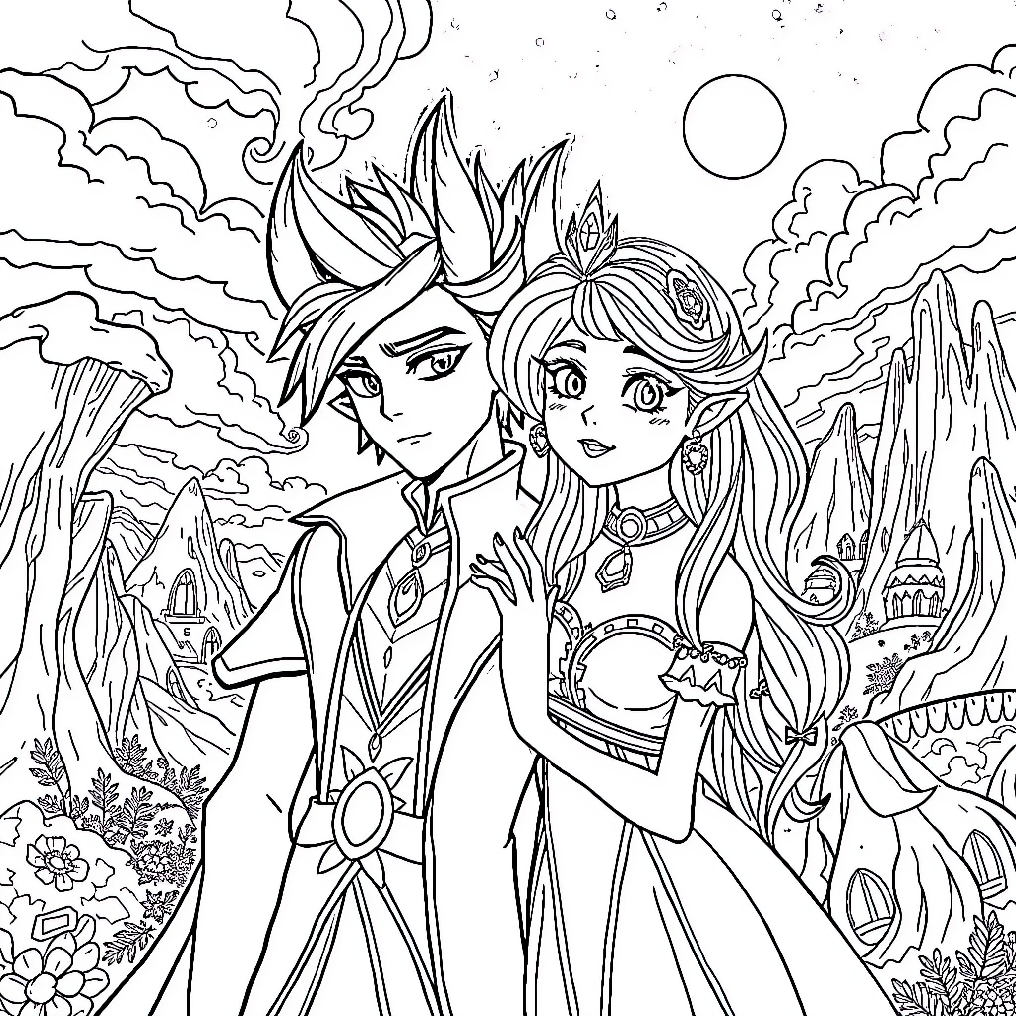Jinx of Magical Companions in a Fantastical Realm Coloring Page (free black-and-white line drawing printable PDF for all, from beginners to advanced learners, including children, teens, adults, and seniors)