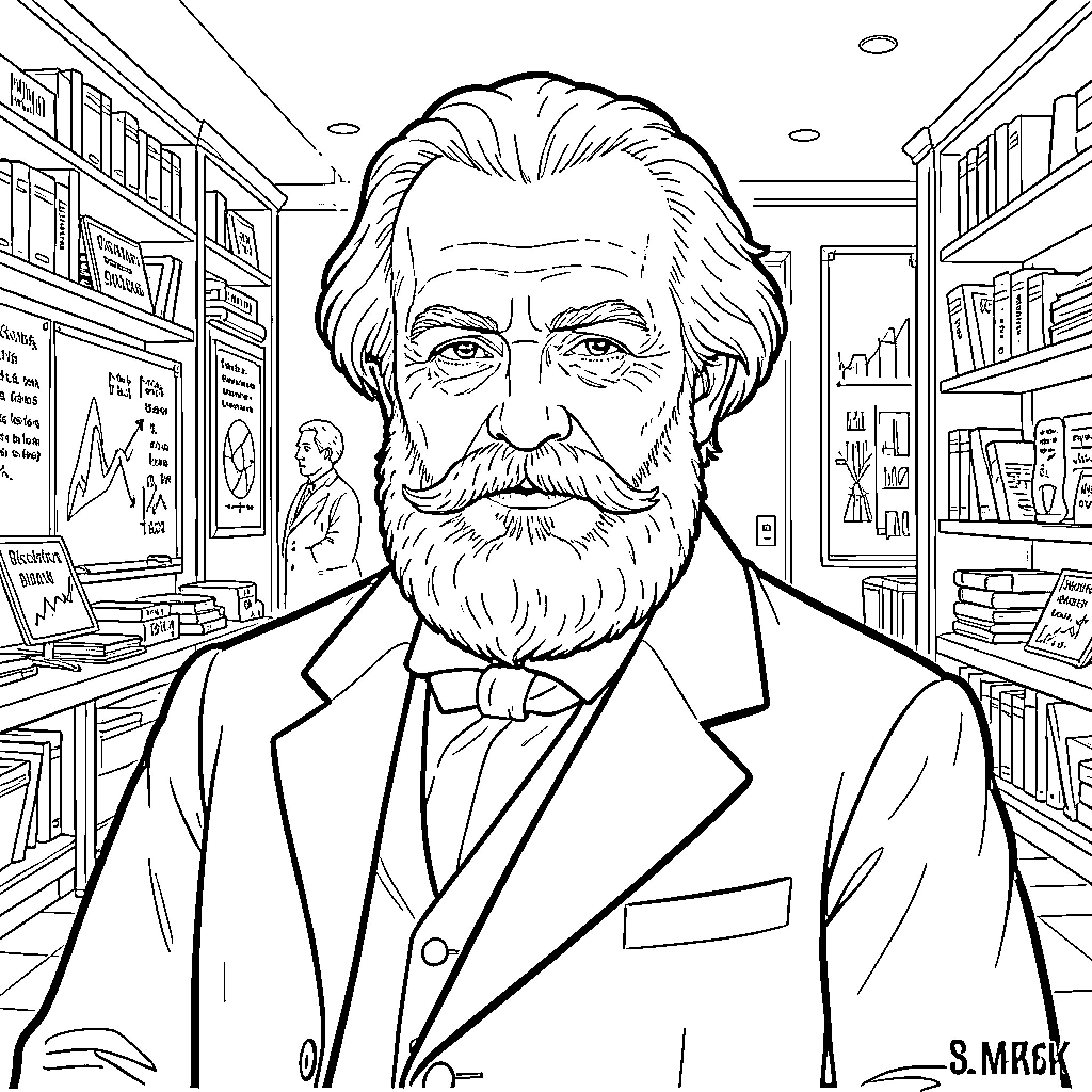 Karl Marx posing in a library surrounded by books Coloring Page (free black-and-white line drawing printable PDF for all, from beginners to advanced learners, including children, teens, adults, and seniors)
