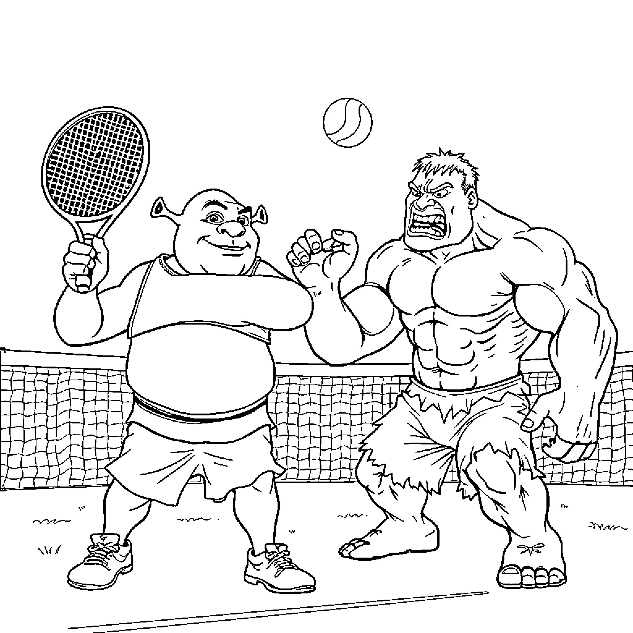Shrek and Hulk playing tennis on a court Coloring Page (free black-and-white line drawing printable PDF for all, from beginners to advanced learners, including children, teens, adults, and seniors)