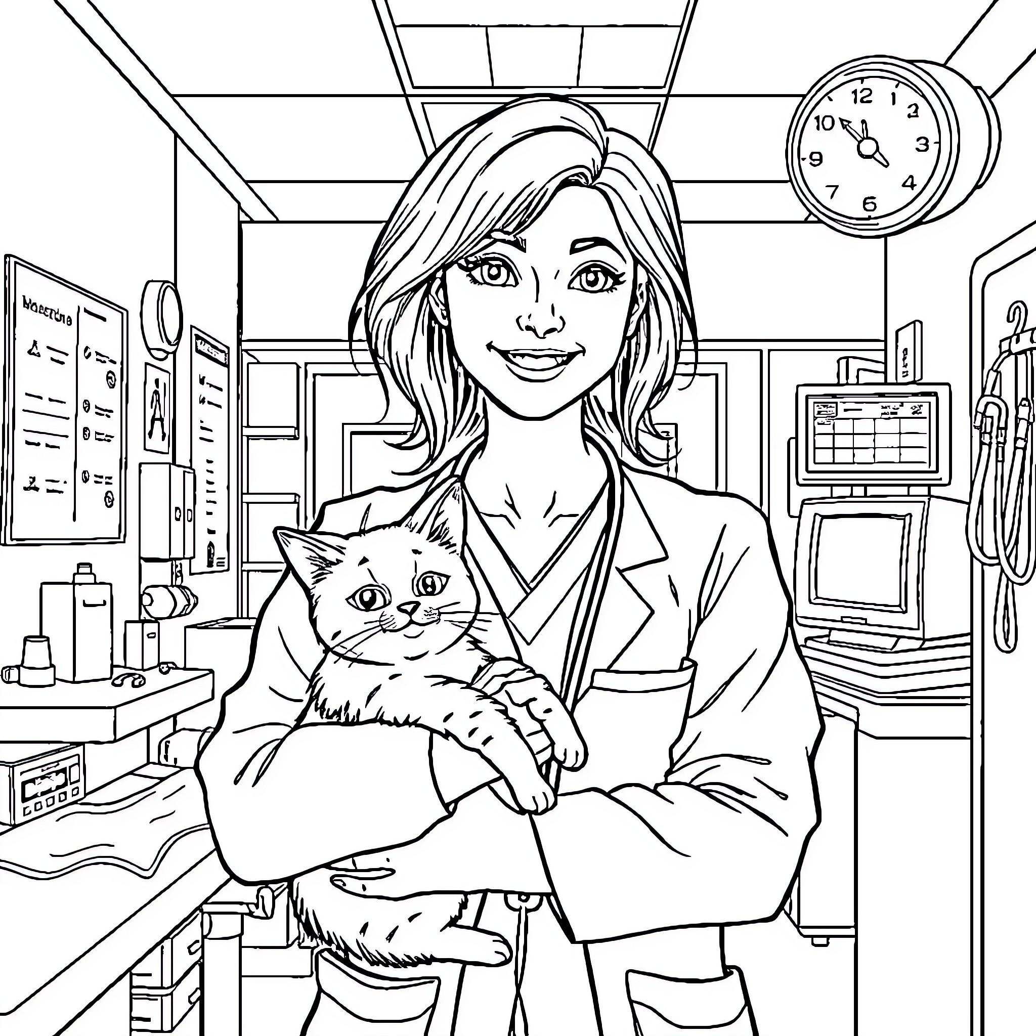 Doctor Examining Friendly Cat in Medical Office Coloring Page (free black-and-white line drawing printable PDF for all, from beginners to advanced learners, including children, teens, adults, and seniors)