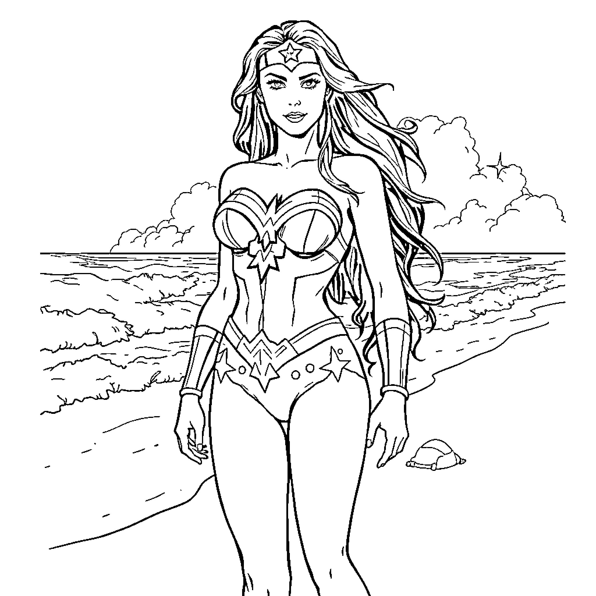 Wonder Woman standing confidently on a tropical beach Coloring Page (free black-and-white line drawing printable PDF for all, from beginners to advanced learners, including children, teens, adults, and seniors)