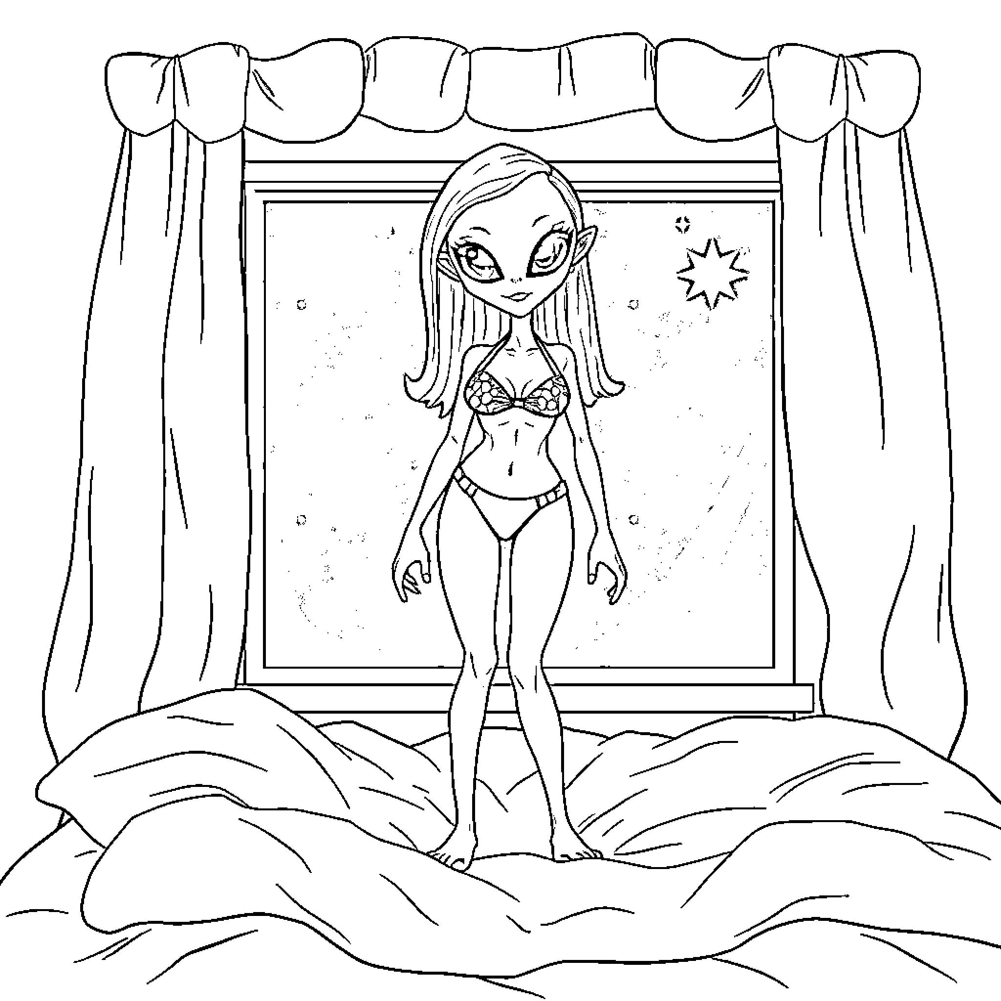 Alien girl in a bedroom scene Coloring Page (free black-and-white line drawing printable PDF for all, from beginners to advanced learners, including children, teens, adults, and seniors)