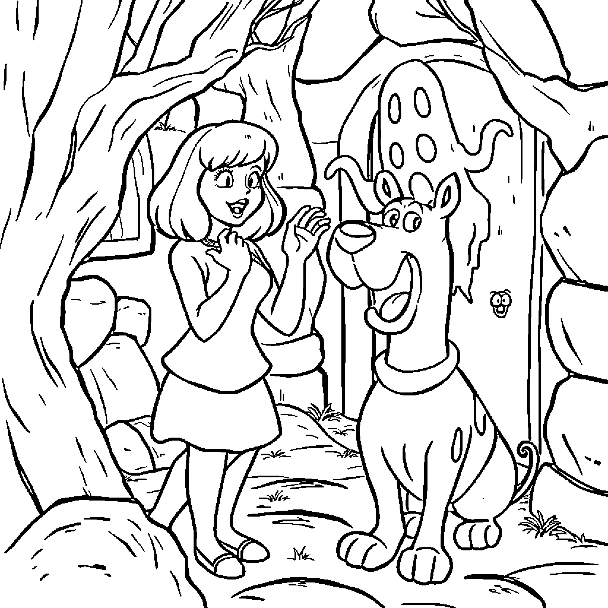 Velma and her Trusty Companion in the Enchanted Forest Coloring Page (free black-and-white line drawing printable PDF for all, from beginners to advanced learners, including children, teens, adults, and seniors)
