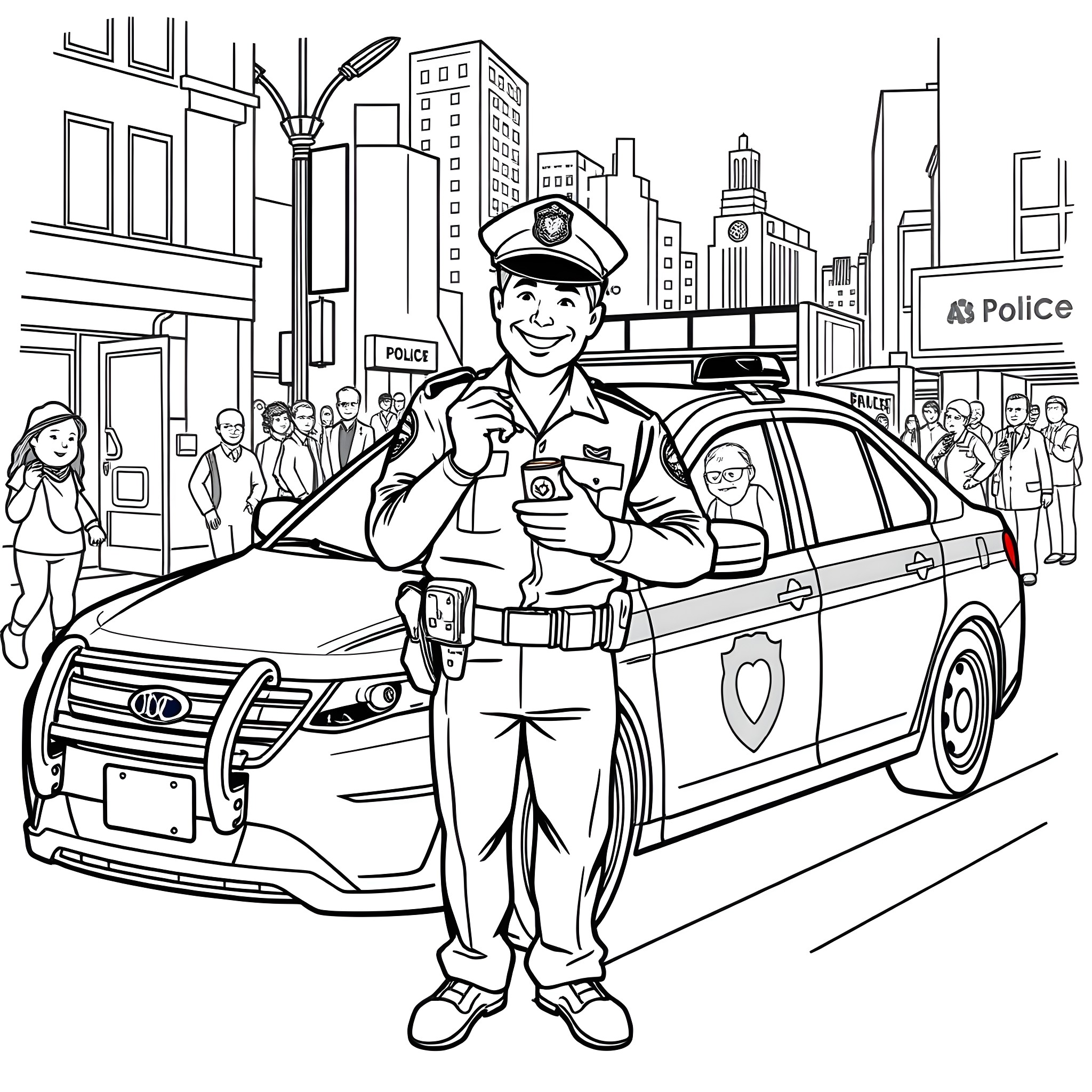 Cop directing traffic in the city Coloring Page (free black-and-white line drawing printable PDF for all, from beginners to advanced learners, including children, teens, adults, and seniors)