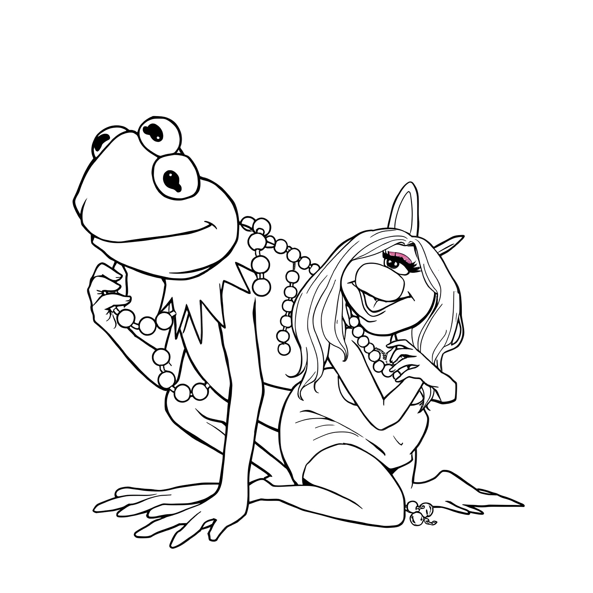 Kermit and Piggy in a playful exchange Coloring Page (free black-and-white line drawing printable PDF for all, from beginners to advanced learners, including children, teens, adults, and seniors)