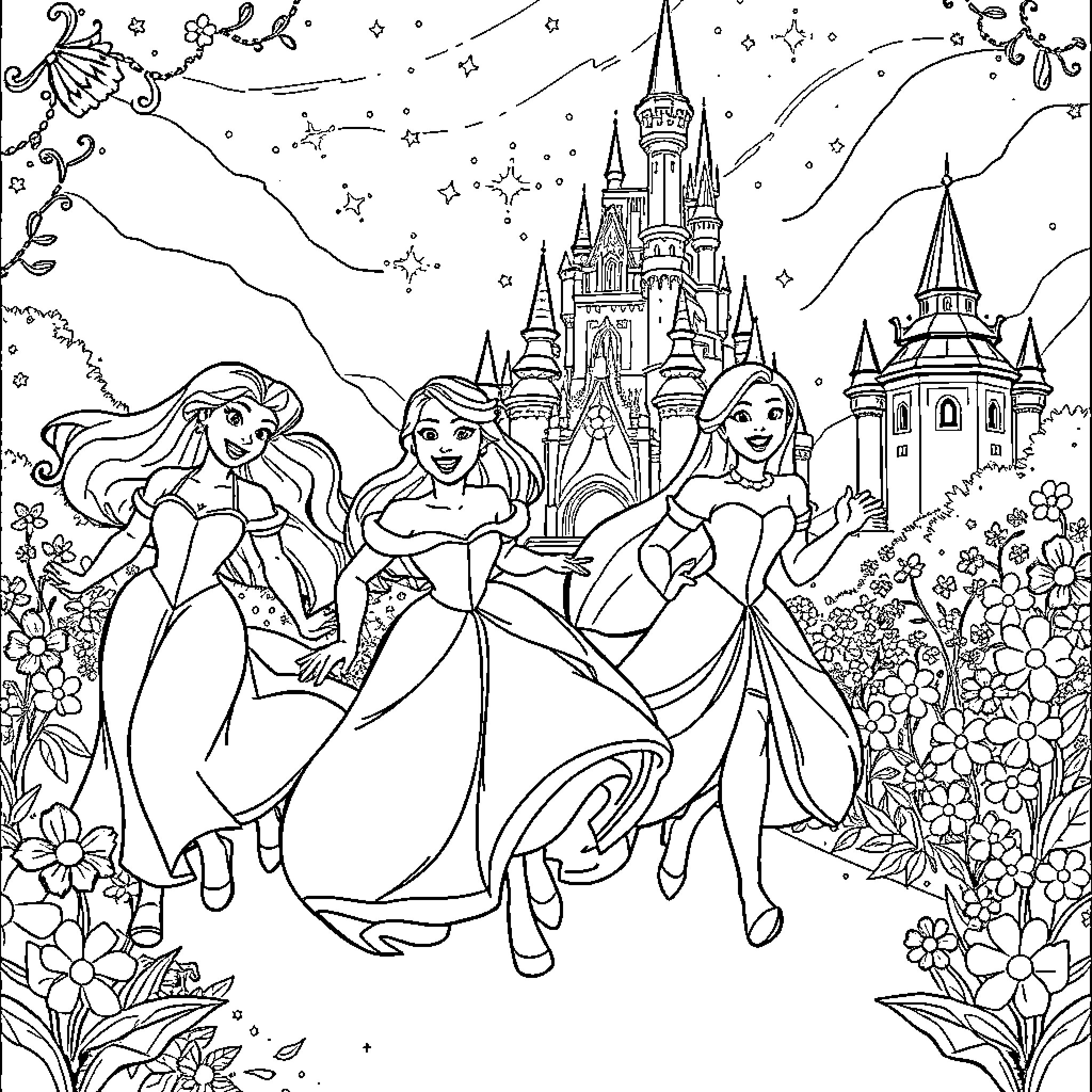 Princess Adventures in a Magical Kingdom Coloring Page (free black-and-white line drawing printable PDF for all, from beginners to advanced learners, including children, teens, adults, and seniors)