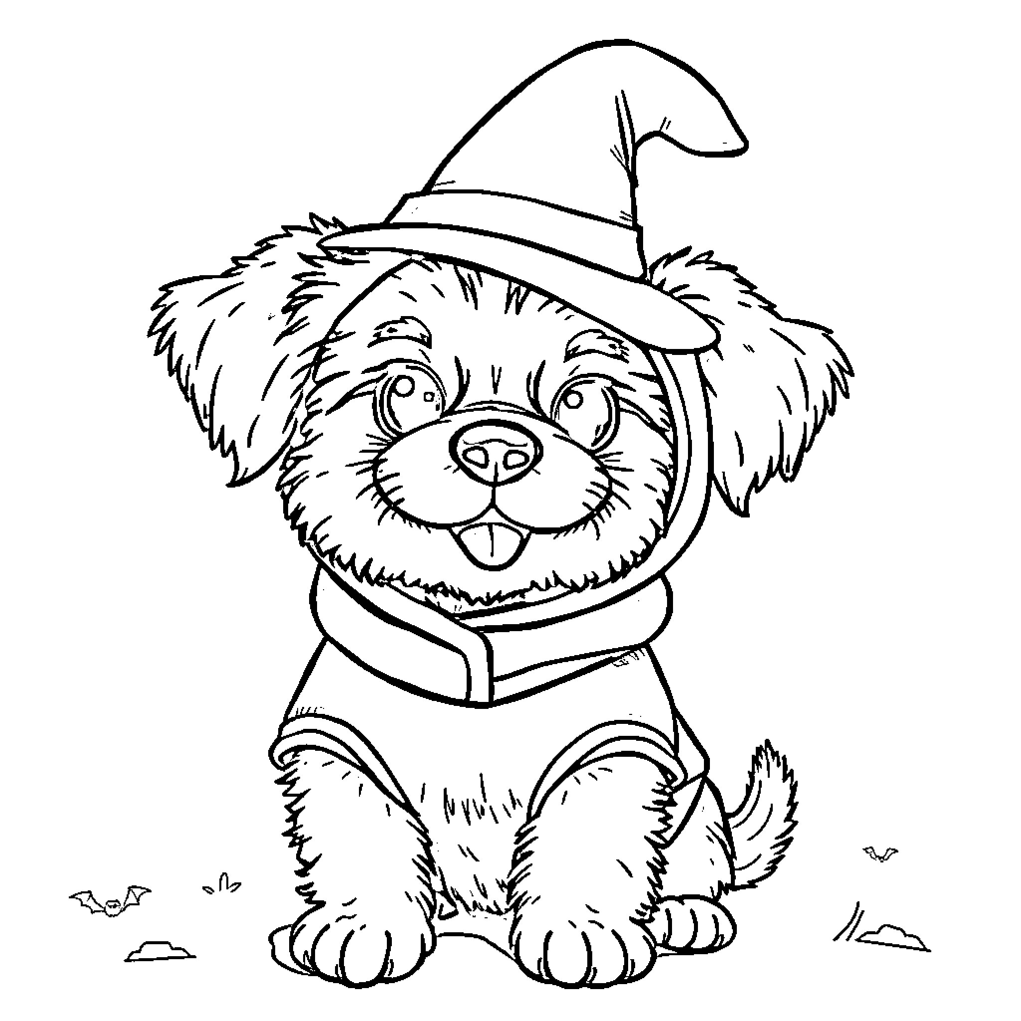 Dog wearing a witch's hat and costume Coloring Page (free black-and-white line drawing printable PDF for all, from beginners to advanced learners, including children, teens, adults, and seniors)