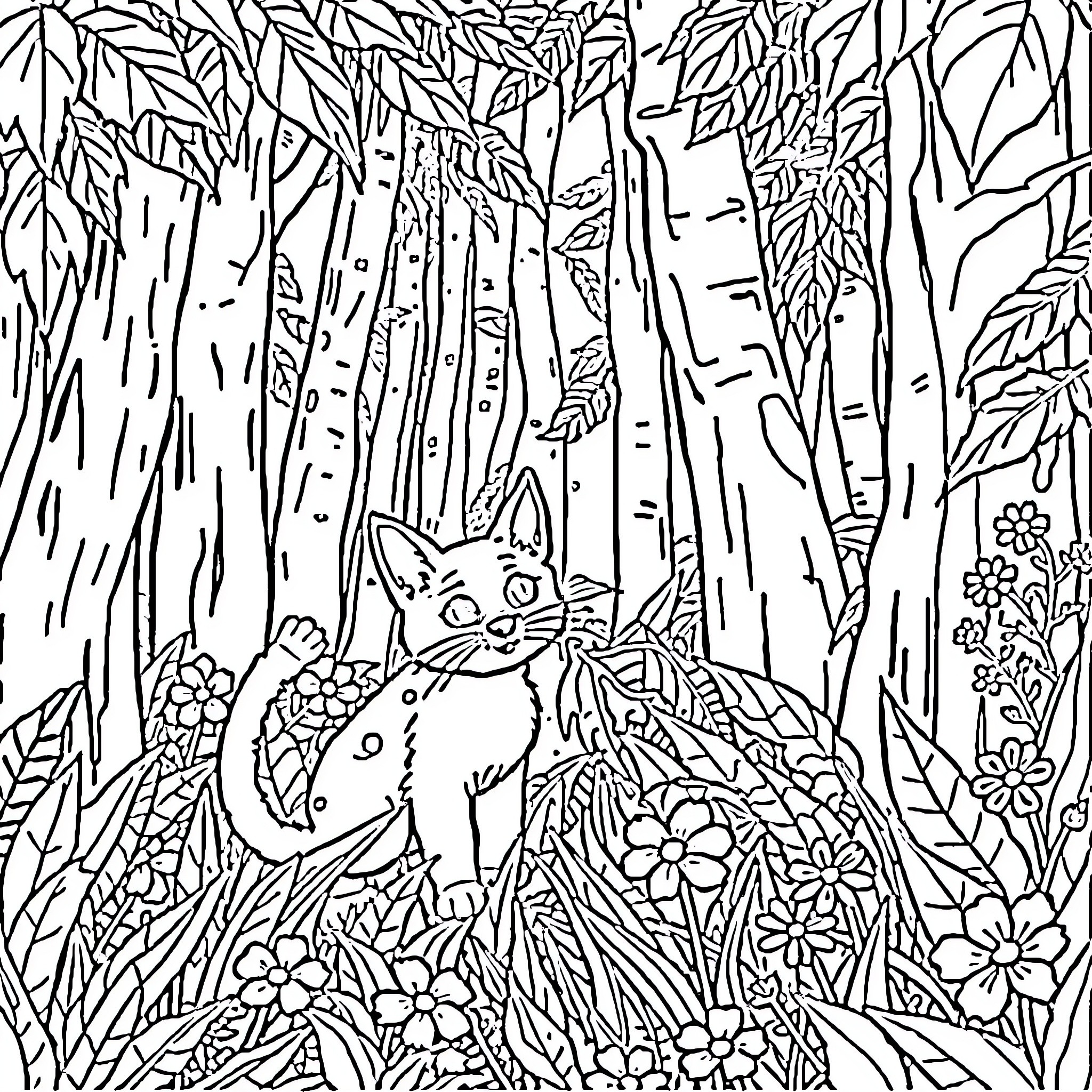 Cat exploring vibrant forest landscape Coloring Page (free black-and-white line drawing printable PDF for all, from beginners to advanced learners, including children, teens, adults, and seniors)