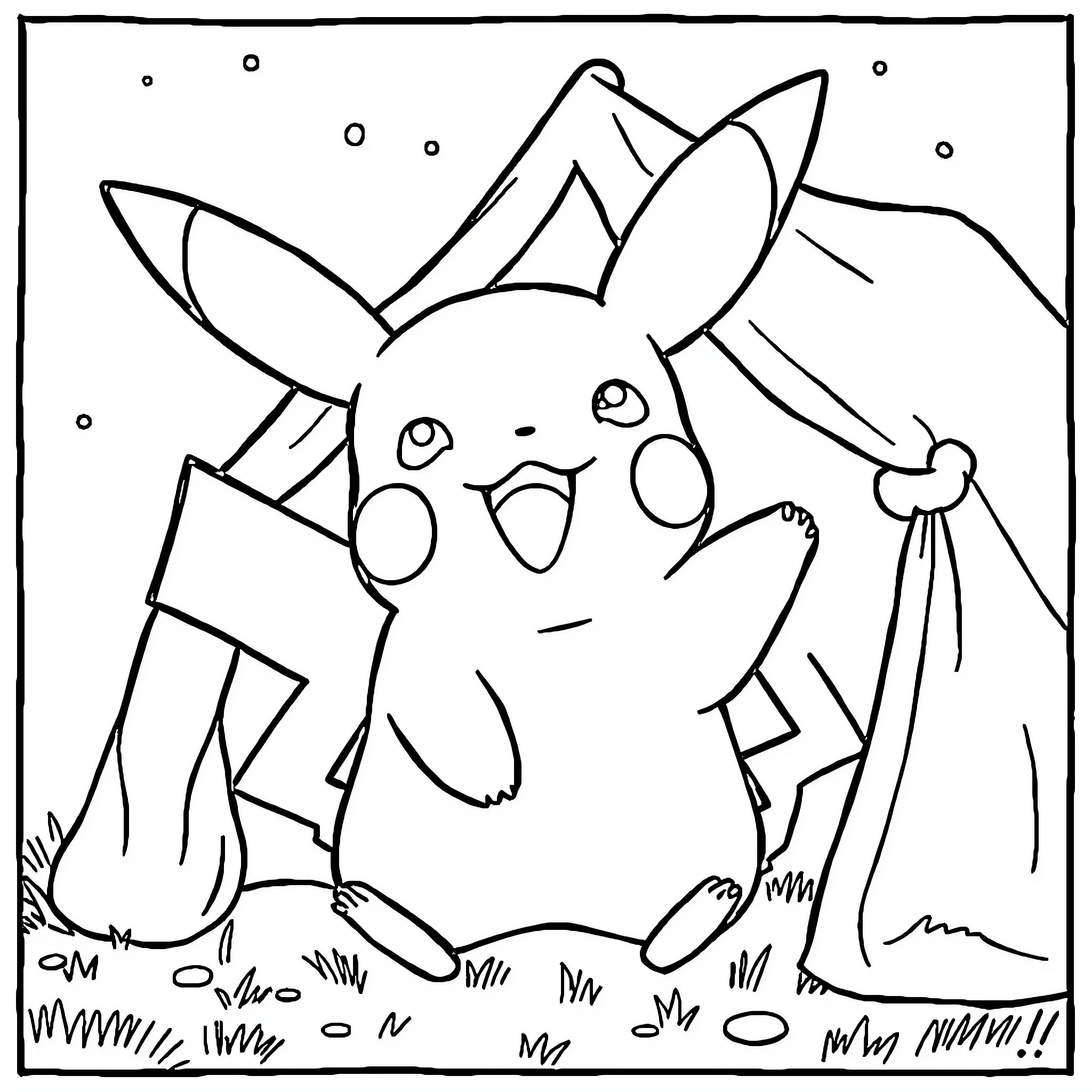 Pikachu playing joyfully in the snowy landscape Coloring Page (free black-and-white line drawing printable PDF for all, from beginners to advanced learners, including children, teens, adults, and seniors)