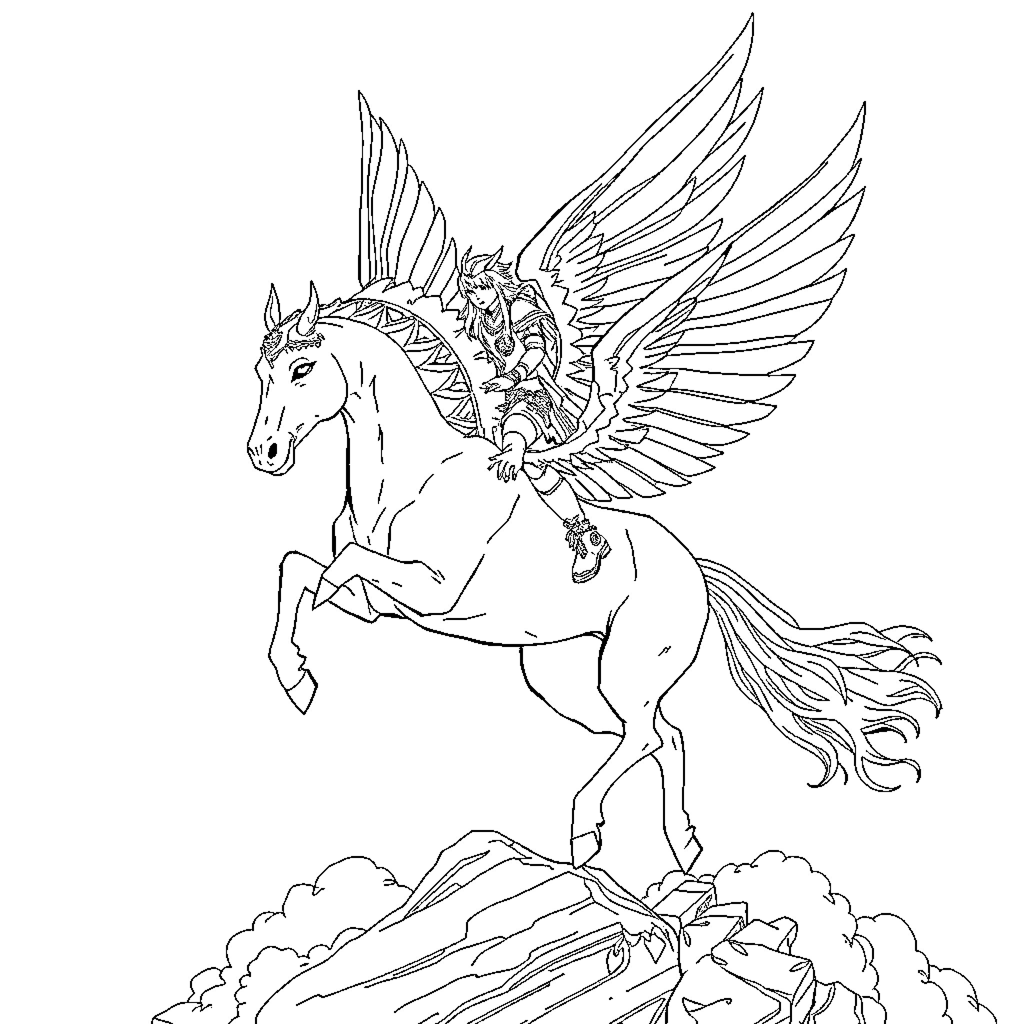 Rumi's Winged Steed in Majestic Ascent Coloring Page (free black-and-white line drawing printable PDF for all, from beginners to advanced learners, including children, teens, adults, and seniors)