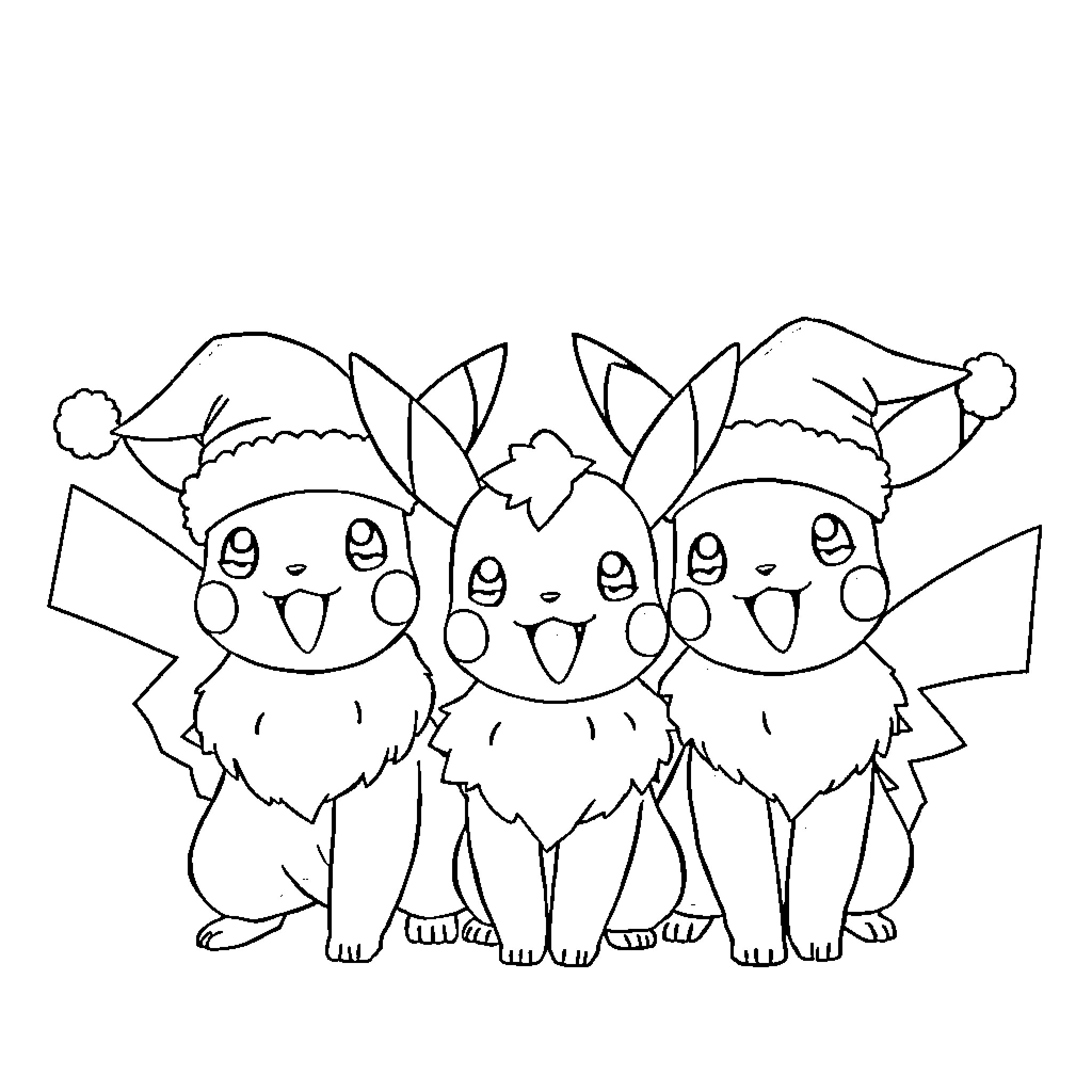 Pokémon trio in festive hats and outfits Coloring Page (free black-and-white line drawing printable PDF for all, from beginners to advanced learners, including children, teens, adults, and seniors)