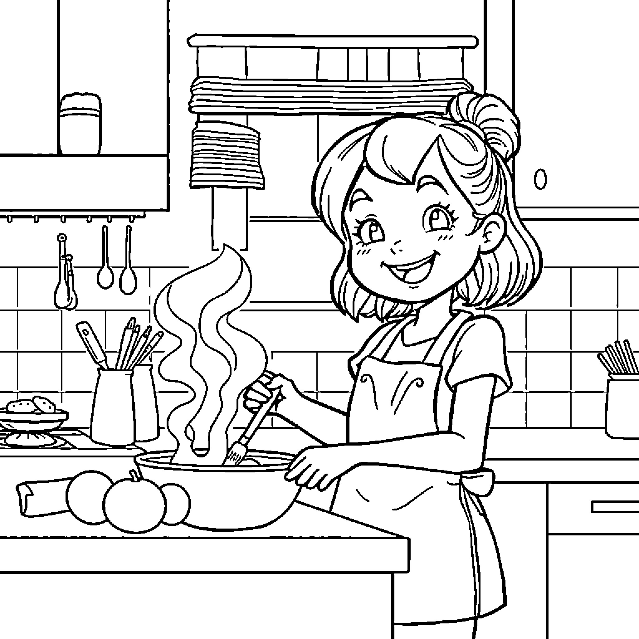 Girl helping with kitchen chores happily Coloring Page (free black-and-white line drawing printable PDF for all, from beginners to advanced learners, including children, teens, adults, and seniors)