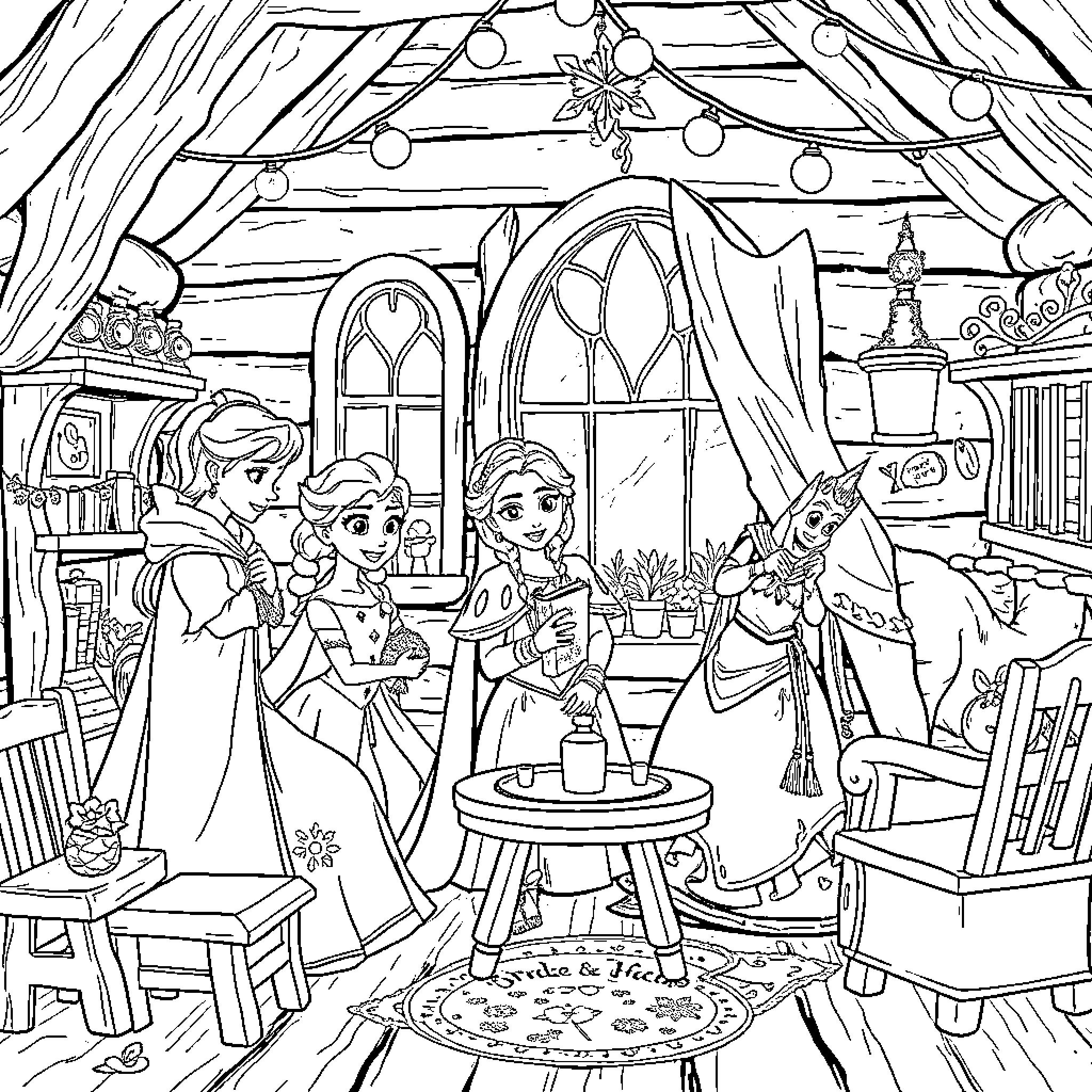 Snow White and the Princesses Enjoying a Tea Party Coloring Page (free black-and-white line drawing printable PDF for all, from beginners to advanced learners, including children, teens, adults, and seniors)