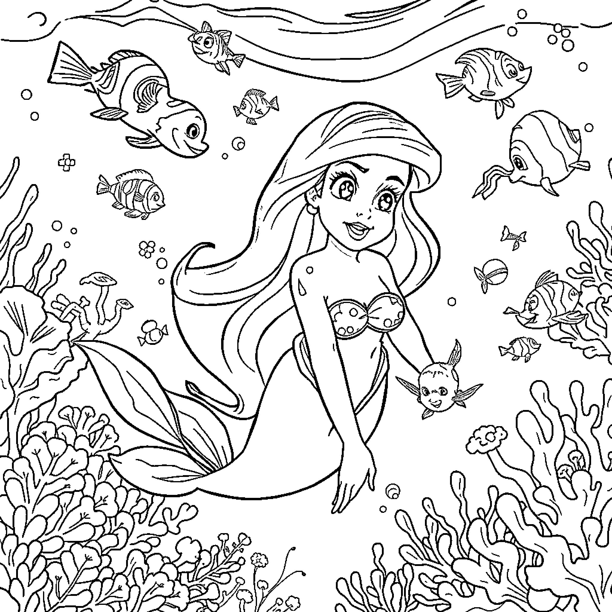 Ariel exploring the colorful underwater world Coloring Page (free black-and-white line drawing printable PDF for all, from beginners to advanced learners, including children, teens, adults, and seniors)