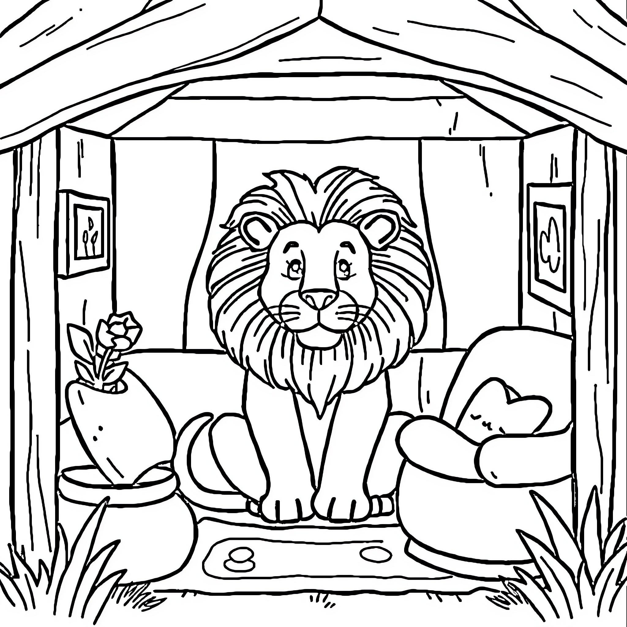 Lion resting peacefully in cozy cabin Coloring Page (free black-and-white line drawing printable PDF for all, from beginners to advanced learners, including children, teens, adults, and seniors)
