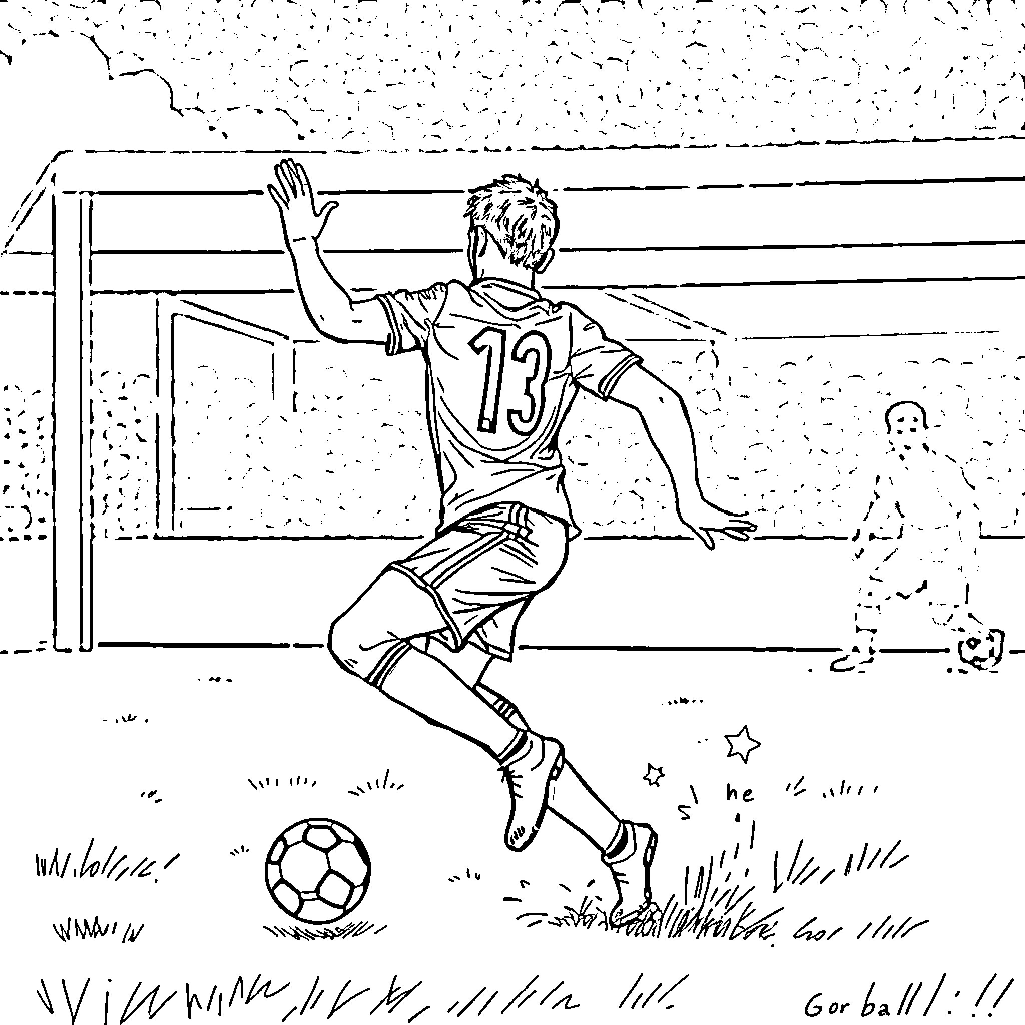 Goal: Athlete scoring in a soccer match Coloring Page (free black-and-white line drawing printable PDF for all, from beginners to advanced learners, including children, teens, adults, and seniors)