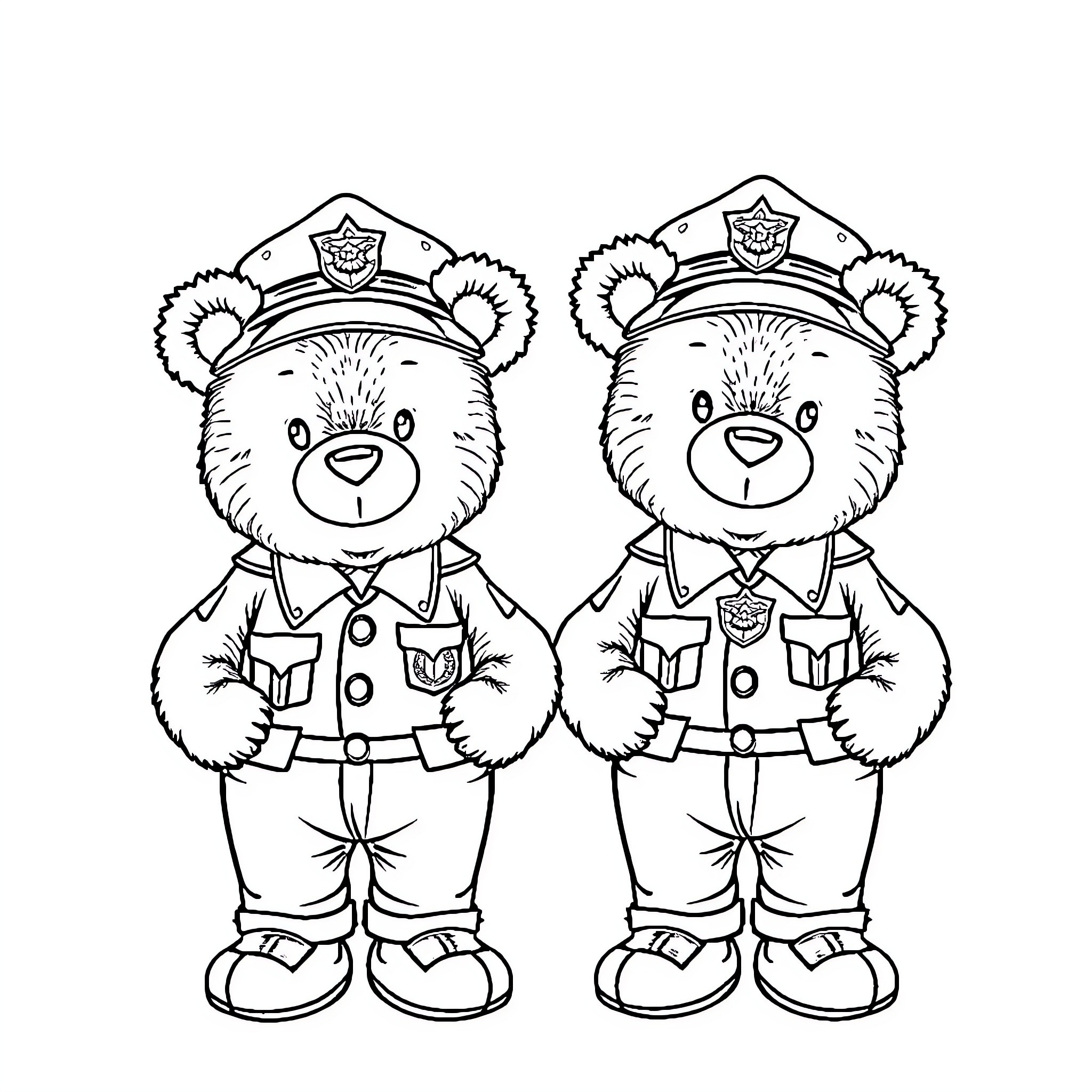 Teddybears dressed as police officers Coloring Page (free black-and-white line drawing printable PDF for all, from beginners to advanced learners, including children, teens, adults, and seniors)