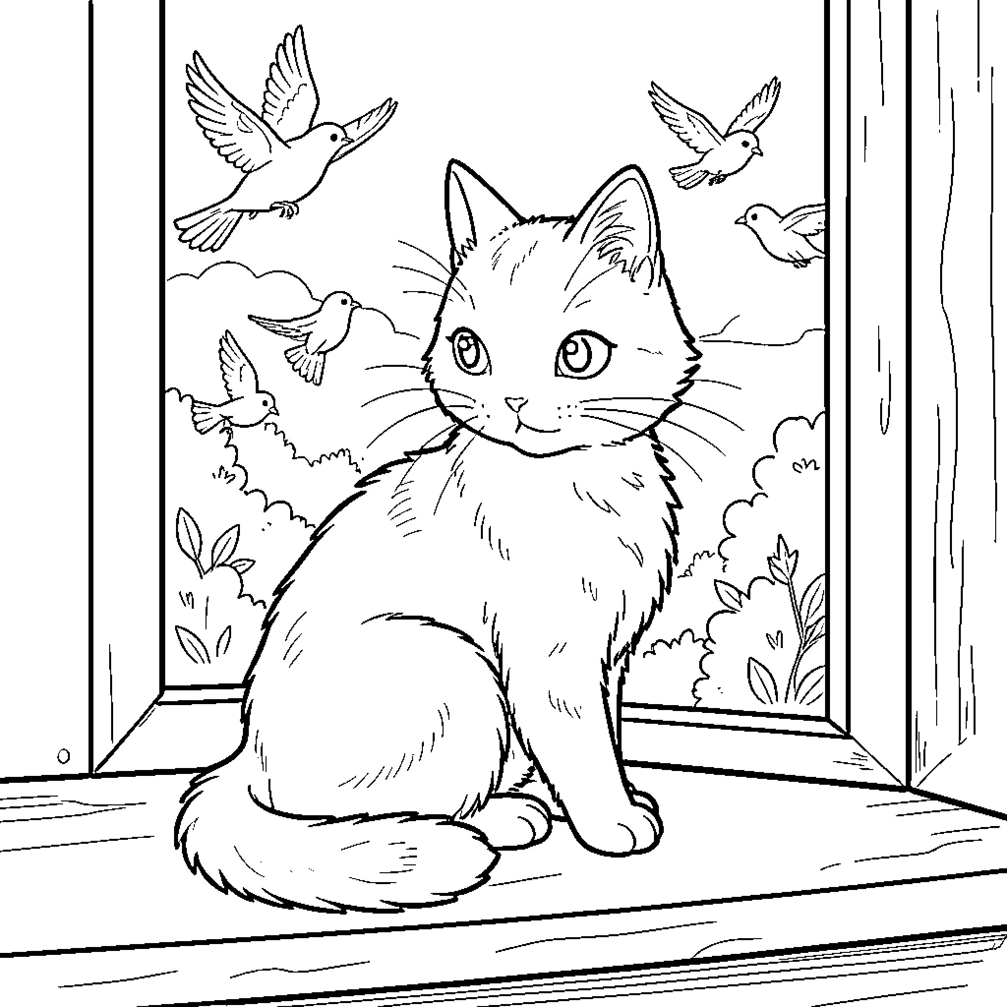 Cat watching birds through the window Coloring Page (free black-and-white line drawing printable PDF for all, from beginners to advanced learners, including children, teens, adults, and seniors)
